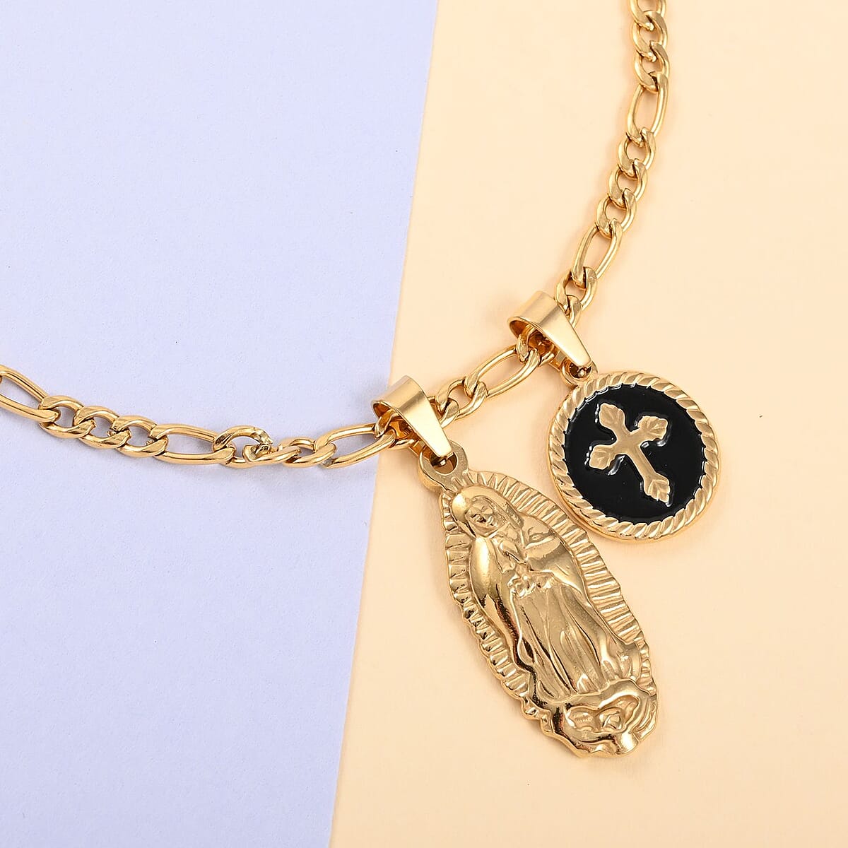 Black Enameled Lady of Guadalupe & Cross Pendant Necklace 24Inches in ION Plated Yellow Gold Stainless Steel image number 1