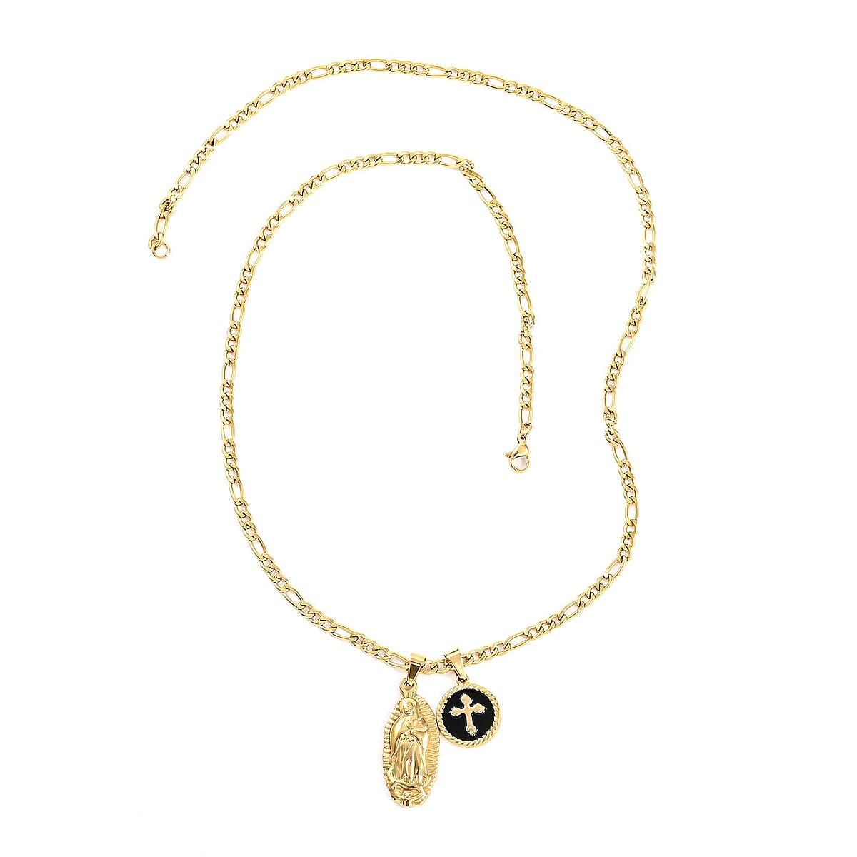 Black Enameled Lady of Guadalupe & Cross Pendant Necklace 24Inches in ION Plated Yellow Gold Stainless Steel image number 2