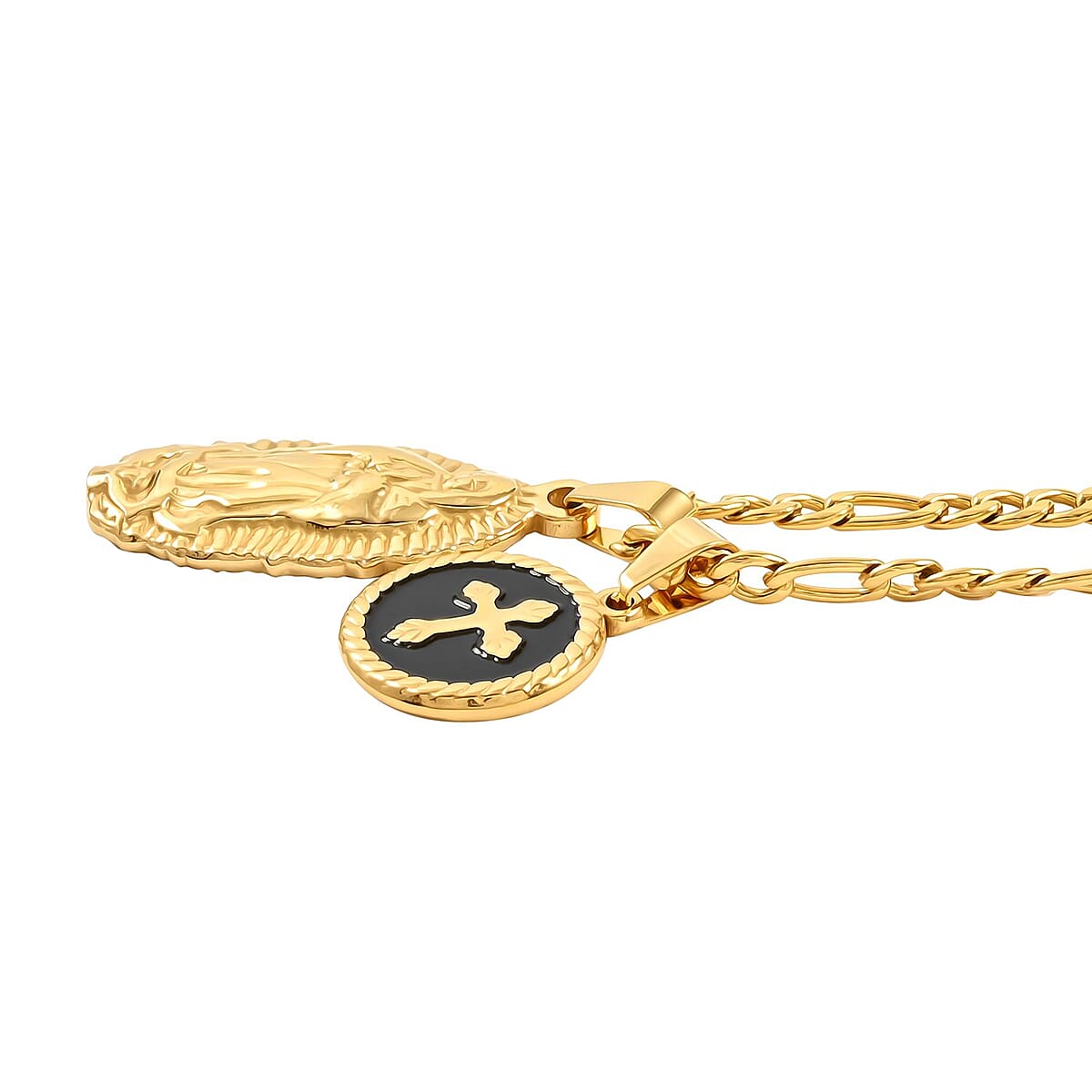 Black Enameled Lady of Guadalupe & Cross Pendant Necklace 24Inches in ION Plated Yellow Gold Stainless Steel image number 3