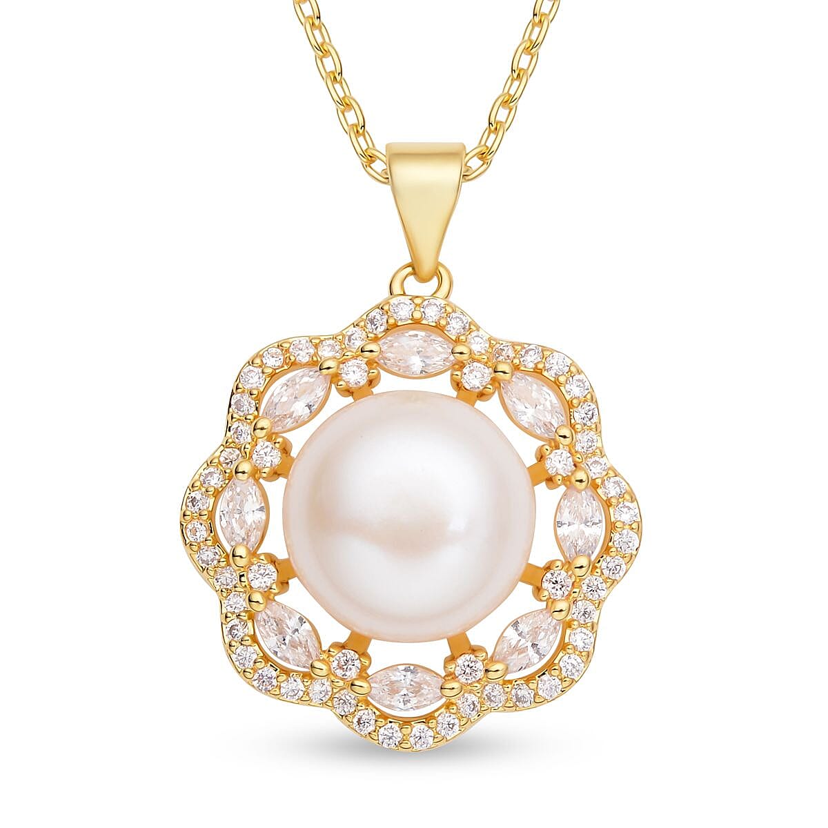 Freshwater Pearl 11-12mm and Austrian Crystal Vintage Design Pendant Necklace 18 Inches in Goldtone & ION Plated YG Stainless Steel