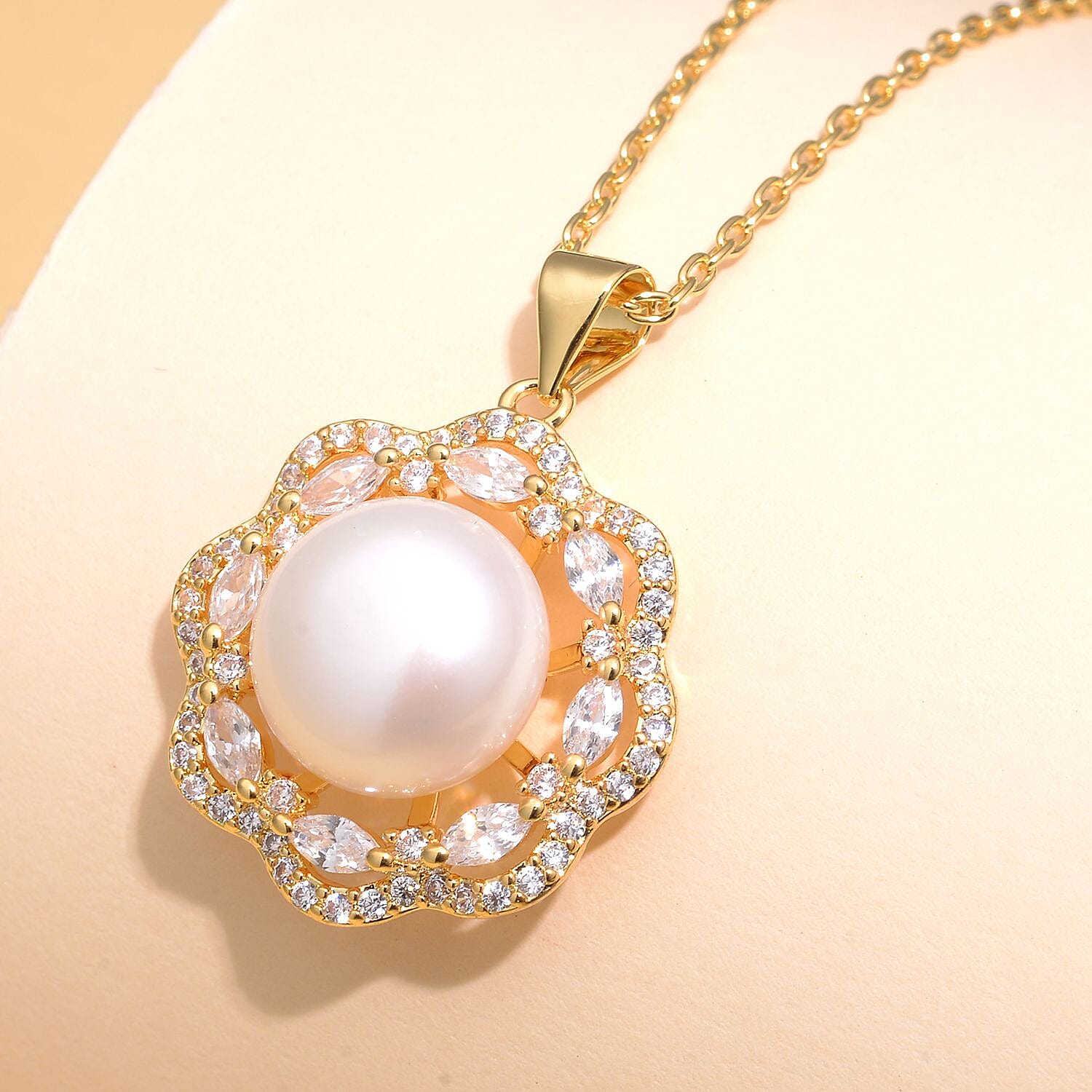 Freshwater Pearl 11-12mm and Austrian Crystal Vintage Design Pendant Necklace 18 Inches in Goldtone & ION Plated YG Stainless Steel