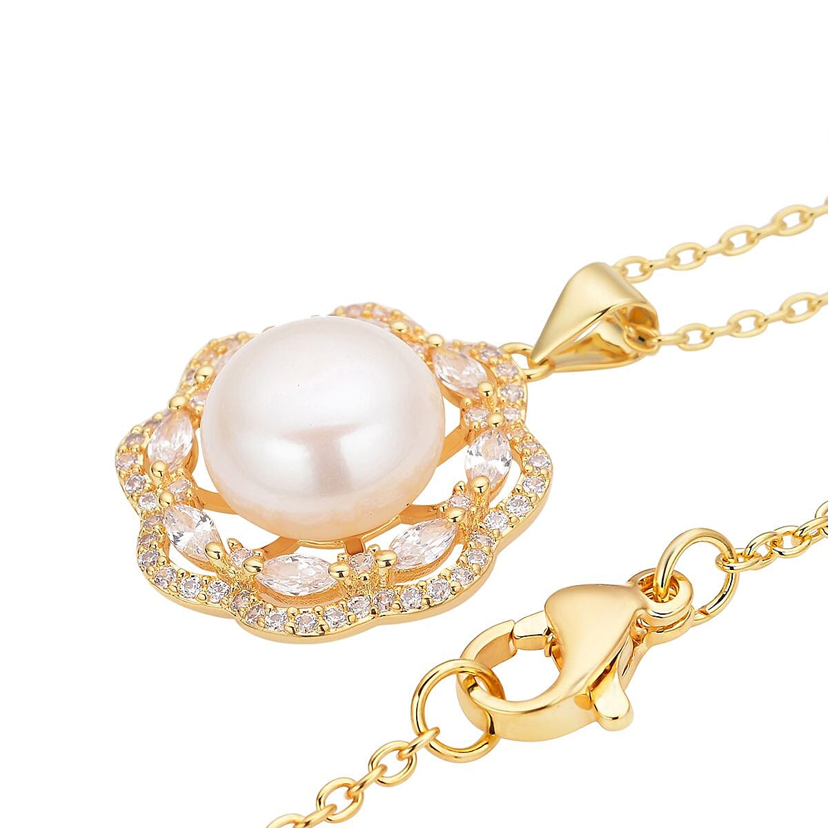 Freshwater Pearl 11-12mm and Austrian Crystal Vintage Design Pendant Necklace 18 Inches in Goldtone & ION Plated YG Stainless Steel