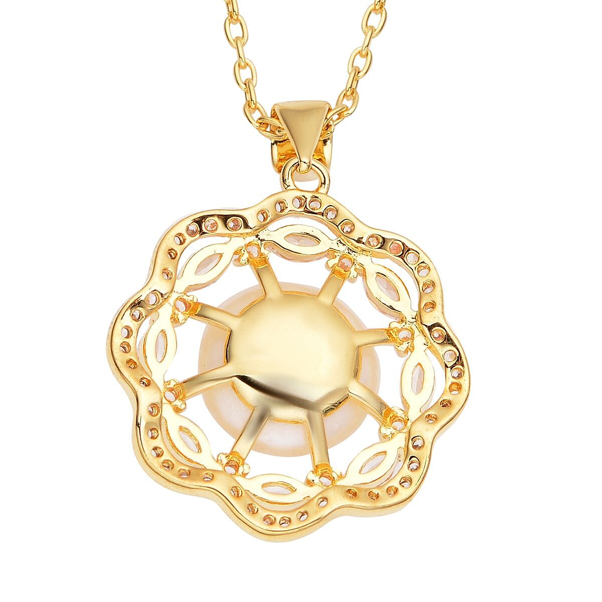Freshwater Pearl 11-12mm and Austrian Crystal Vintage Design Pendant Necklace 18 Inches in Goldtone & ION Plated YG Stainless Steel