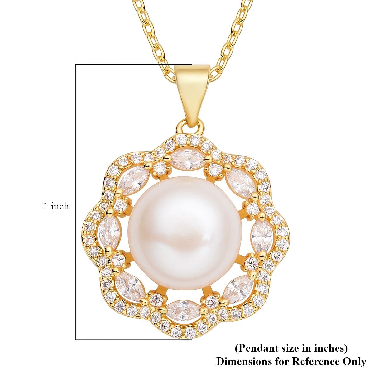 Freshwater Pearl 11-12mm and Austrian Crystal Vintage Design Pendant Necklace 18 Inches in Goldtone & ION Plated YG Stainless Steel