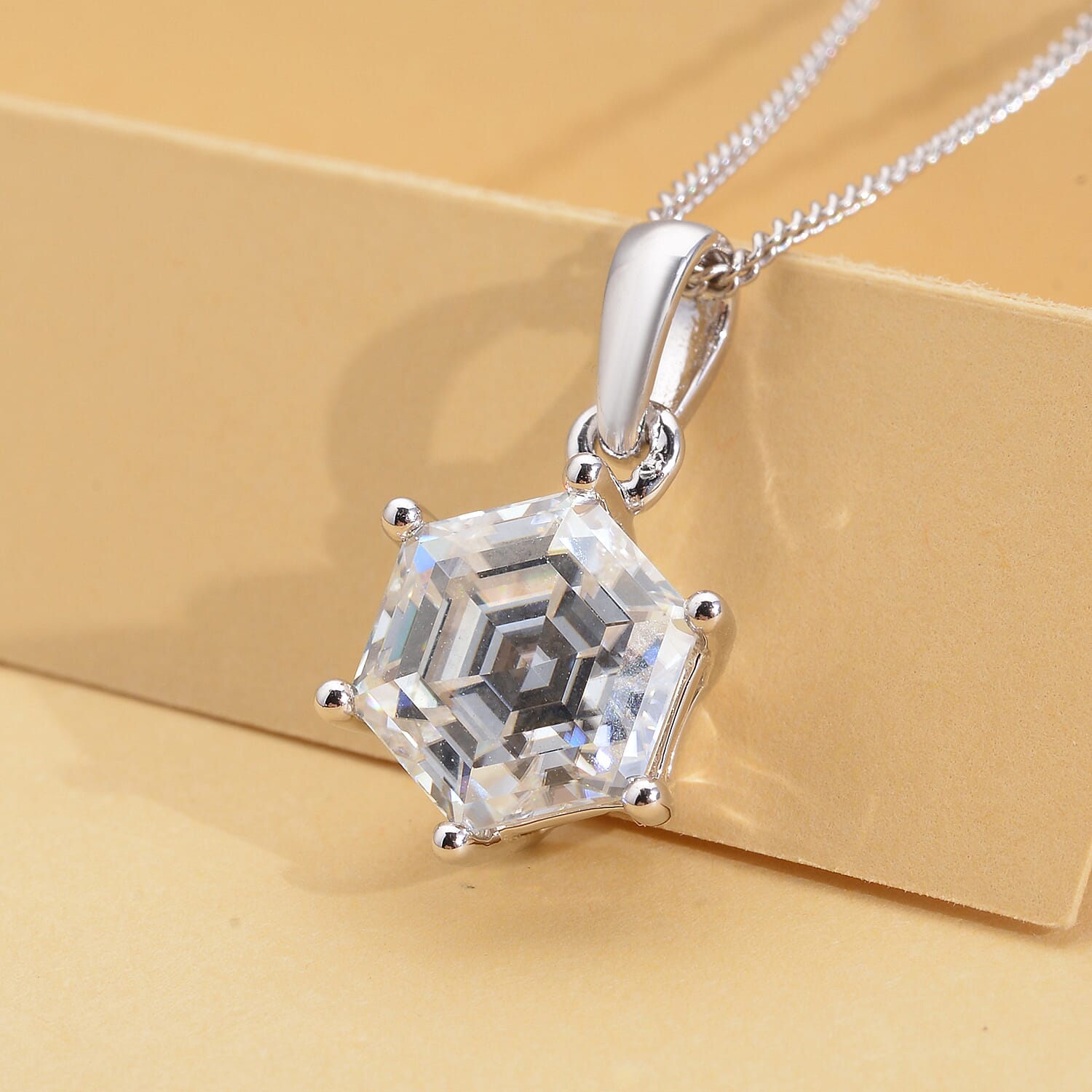 Hexagonal Cut Moissanite Solitaire Pendant Necklace 18 Inches in Rhodium Over Sterling Silver 2.50 ctw