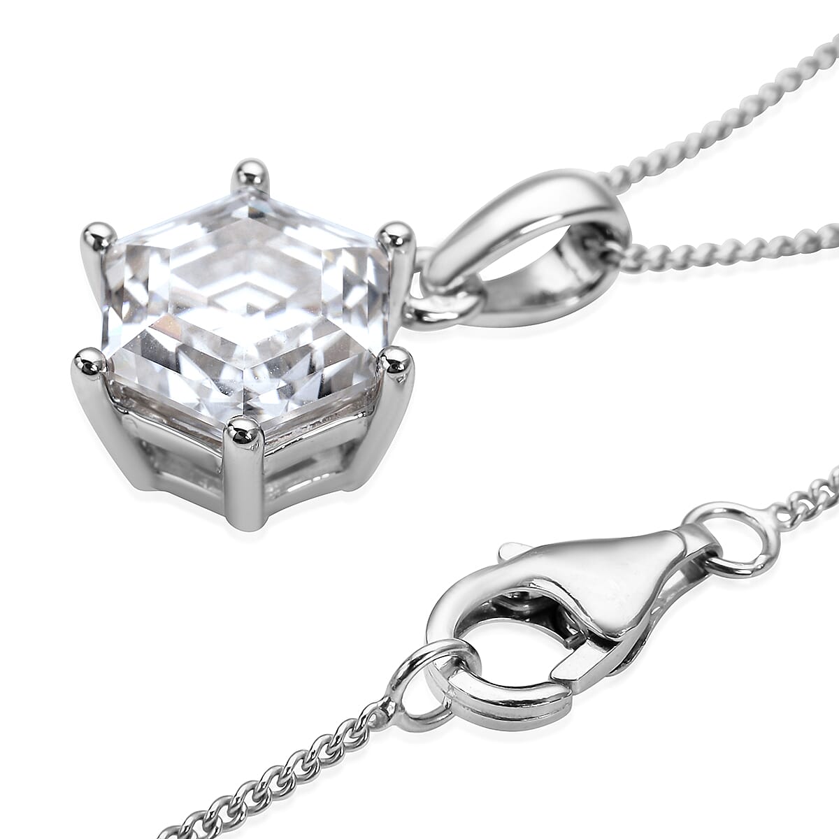 Hexagonal Cut Moissanite Solitaire Pendant Necklace 18 Inches in Rhodium Over Sterling Silver 2.50 ctw