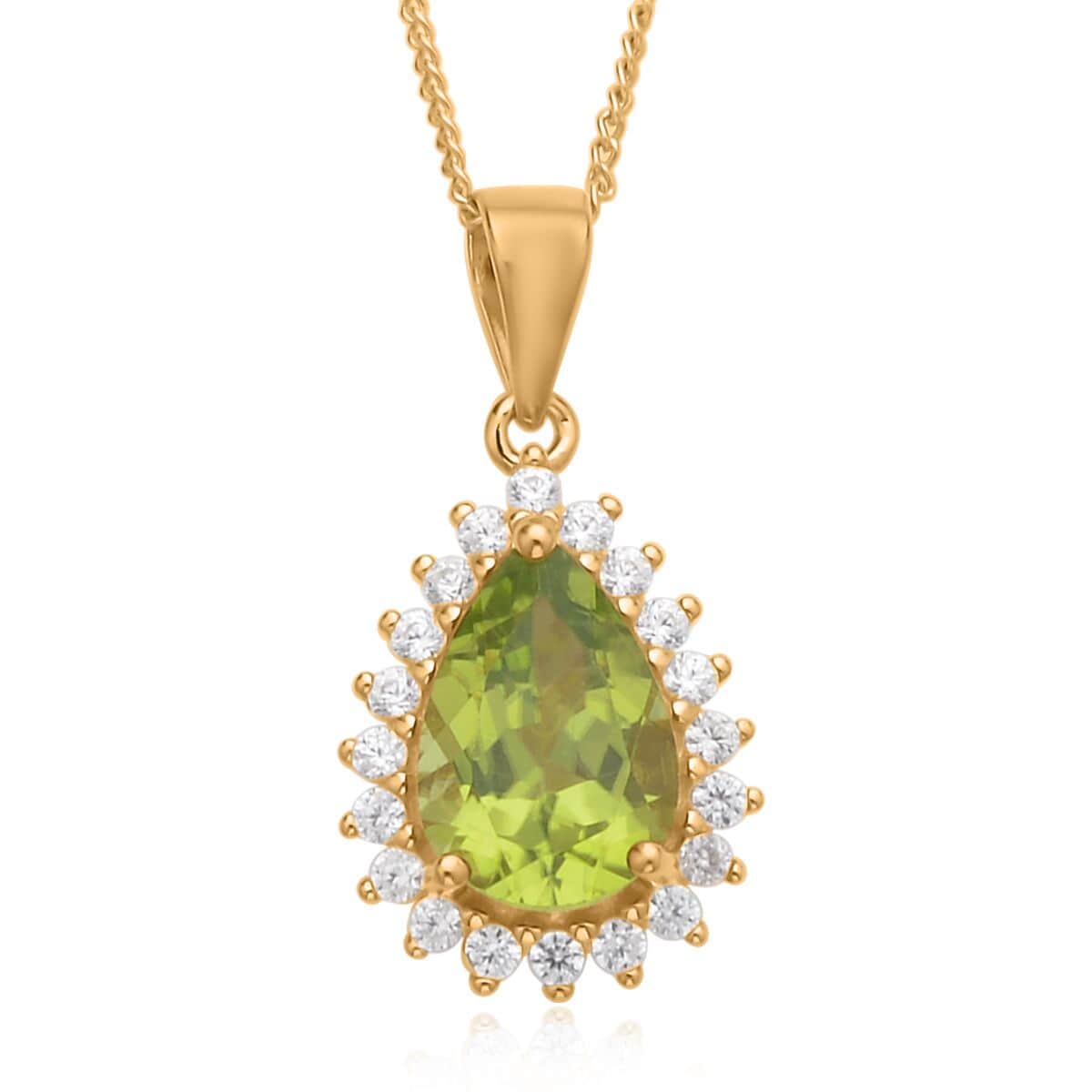 Premium Peridot and White Zircon Halo Pendant Necklace 20 Inches in Vermeil YG Over Sterling Silver 2.40 ctw image number 0