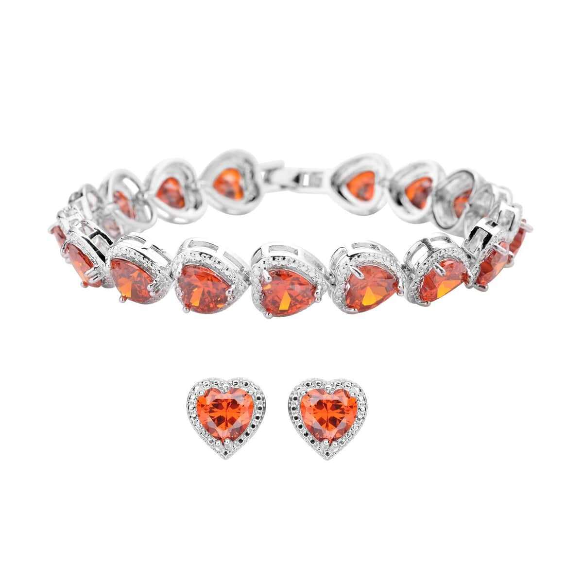 Simulated Orange Red Diamond Heart Shape Bracelet (6.50In) and Stud Earrings in Silvertone 45.00 ctw image number 0