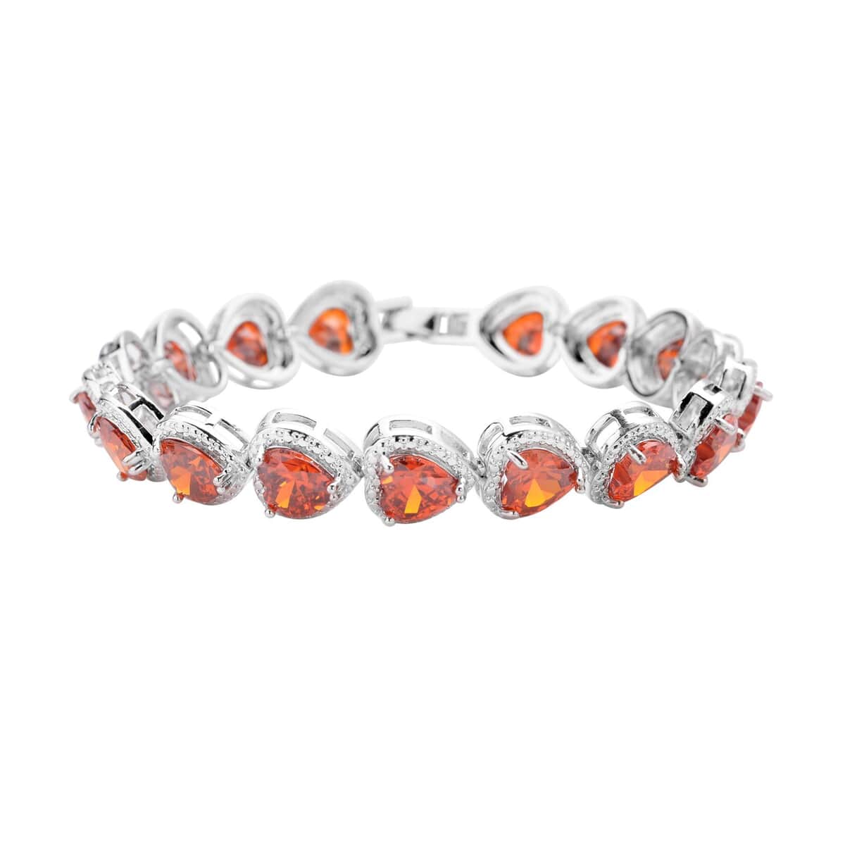 Simulated Orange Red Diamond Heart Shape Bracelet (6.50In) and Stud Earrings in Silvertone 45.00 ctw image number 2