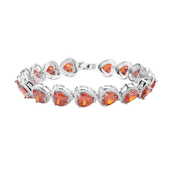 Simulated Orange Red Diamond Heart Shape Bracelet (6.50In) and Stud Earrings in Silvertone 45.00 ctw
