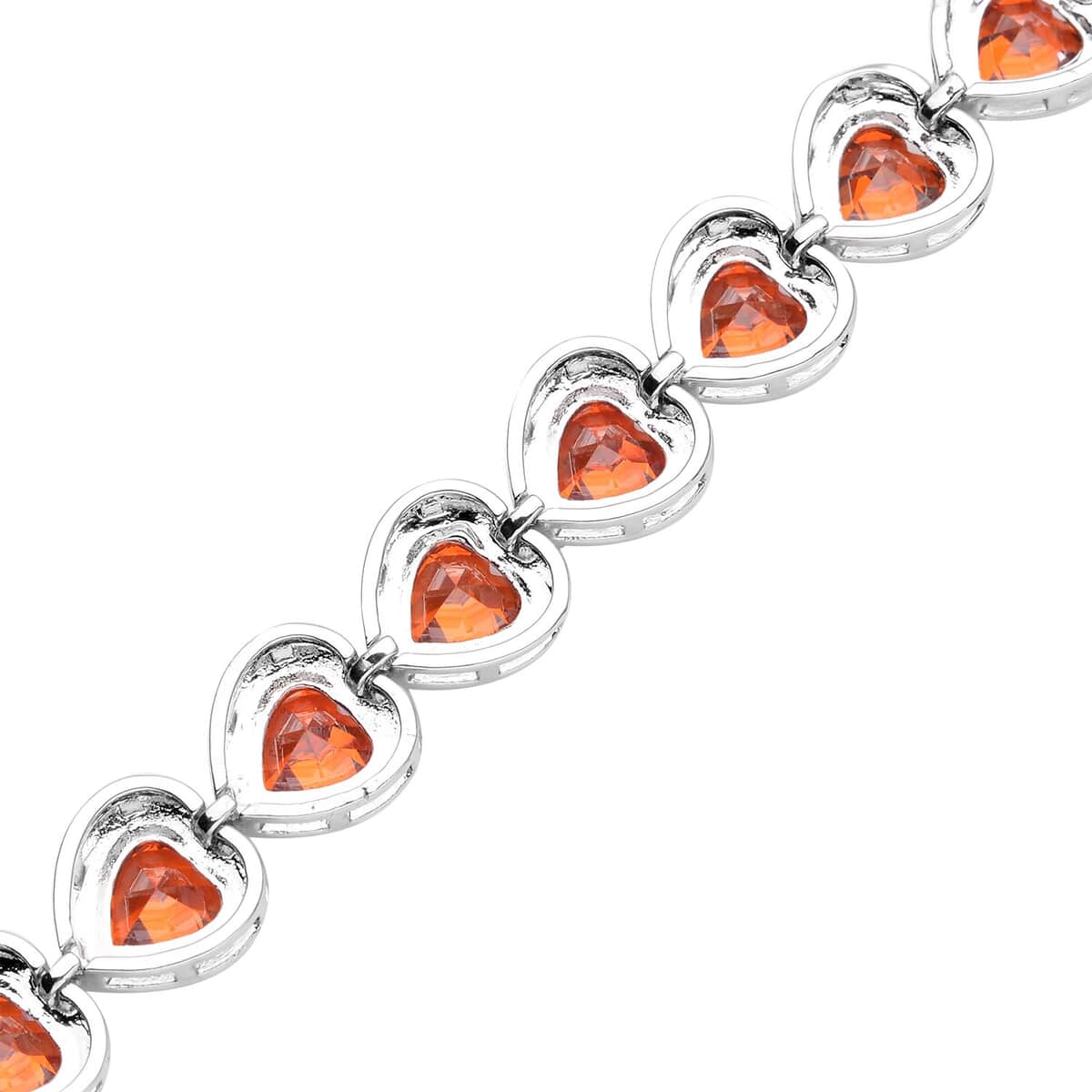 Simulated Orange Red Diamond Heart Shape Bracelet (6.50In) and Stud Earrings in Silvertone 45.00 ctw image number 4