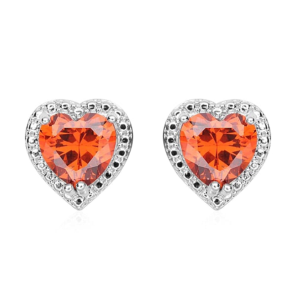 Simulated Orange Red Diamond Heart Shape Bracelet (6.50In) and Stud Earrings in Silvertone 45.00 ctw