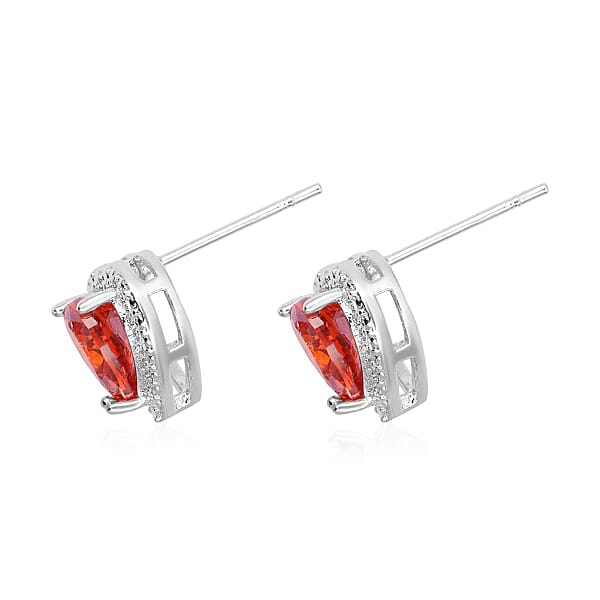 Simulated Orange Red Diamond Heart Shape Bracelet (6.50In) and Stud Earrings in Silvertone 45.00 ctw