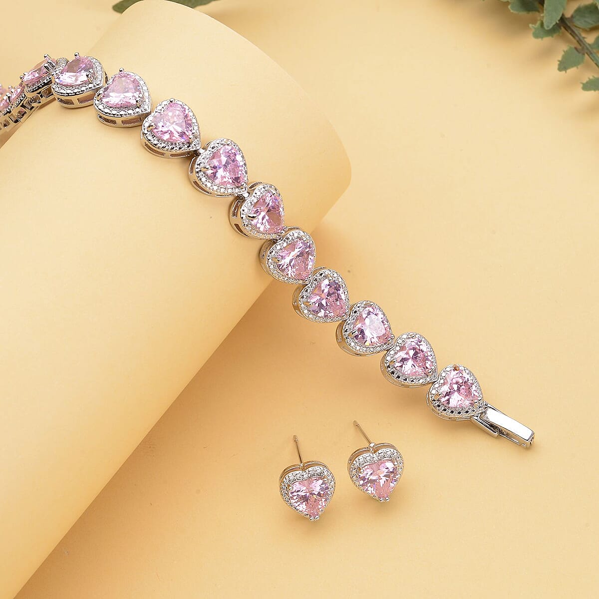 Simulated Pink Diamond Heart Shape Bracelet (6.50In) and Stud Earrings in Silvertone 45.00 ctw image number 1