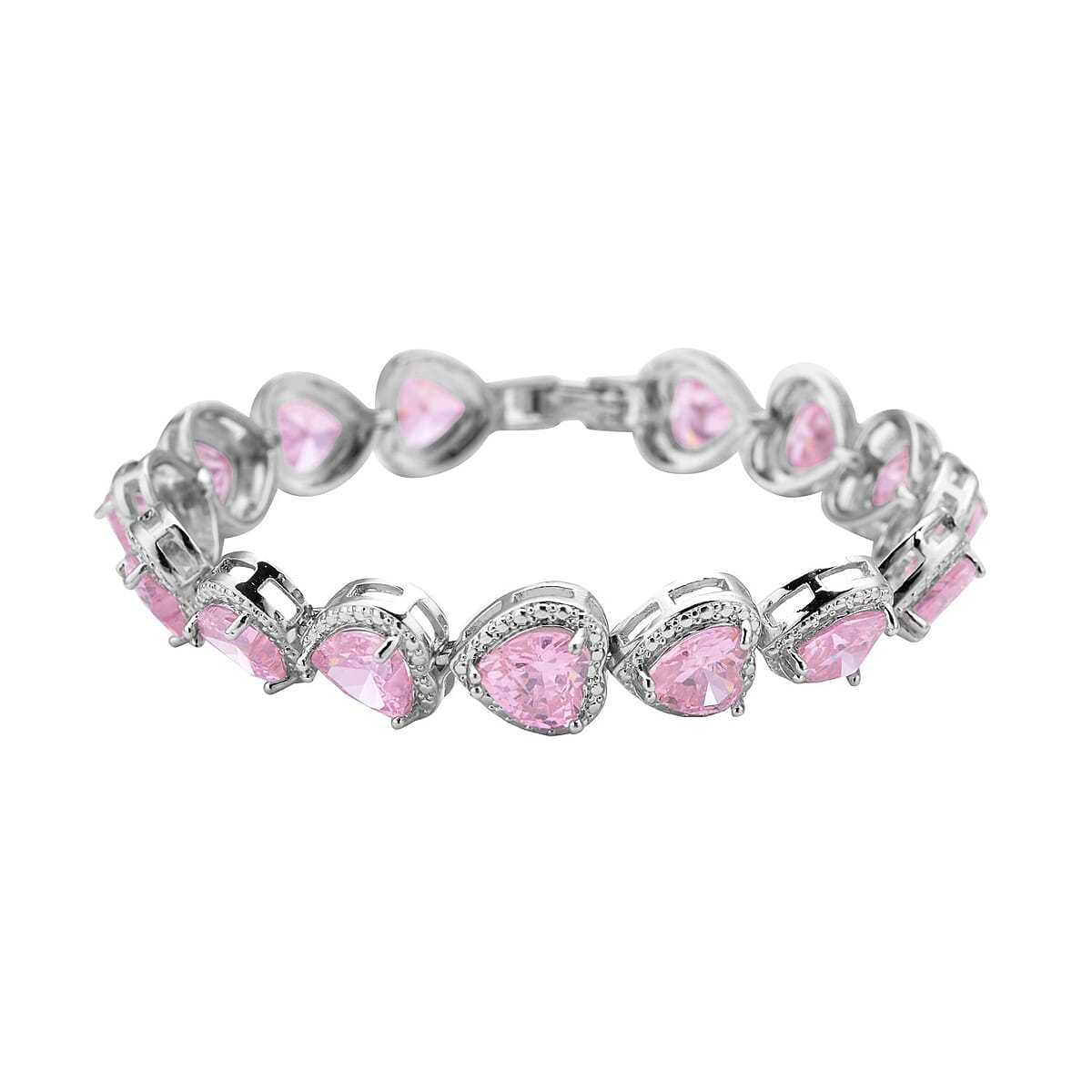 Simulated Pink Diamond Heart Shape Bracelet (6.50In) and Stud Earrings in Silvertone 45.00 ctw image number 2