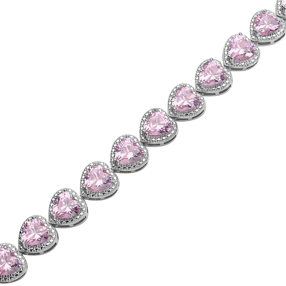 Simulated Pink Diamond Heart Shape Bracelet (6.50In) and Stud Earrings in Silvertone 45.00 ctw image number 3