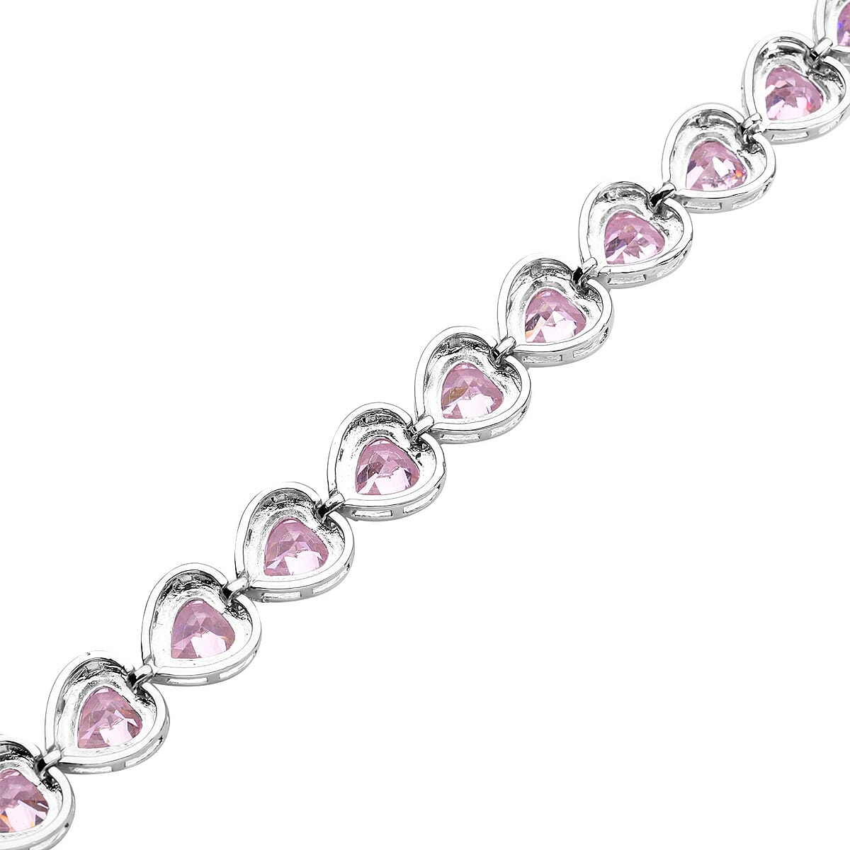 Simulated Pink Diamond Heart Shape Bracelet (6.50In) and Stud Earrings in Silvertone 45.00 ctw image number 4
