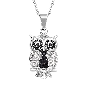 White and Black Austrian Crystal Owl Pendant Necklace 20 Inches in Stainless Steel