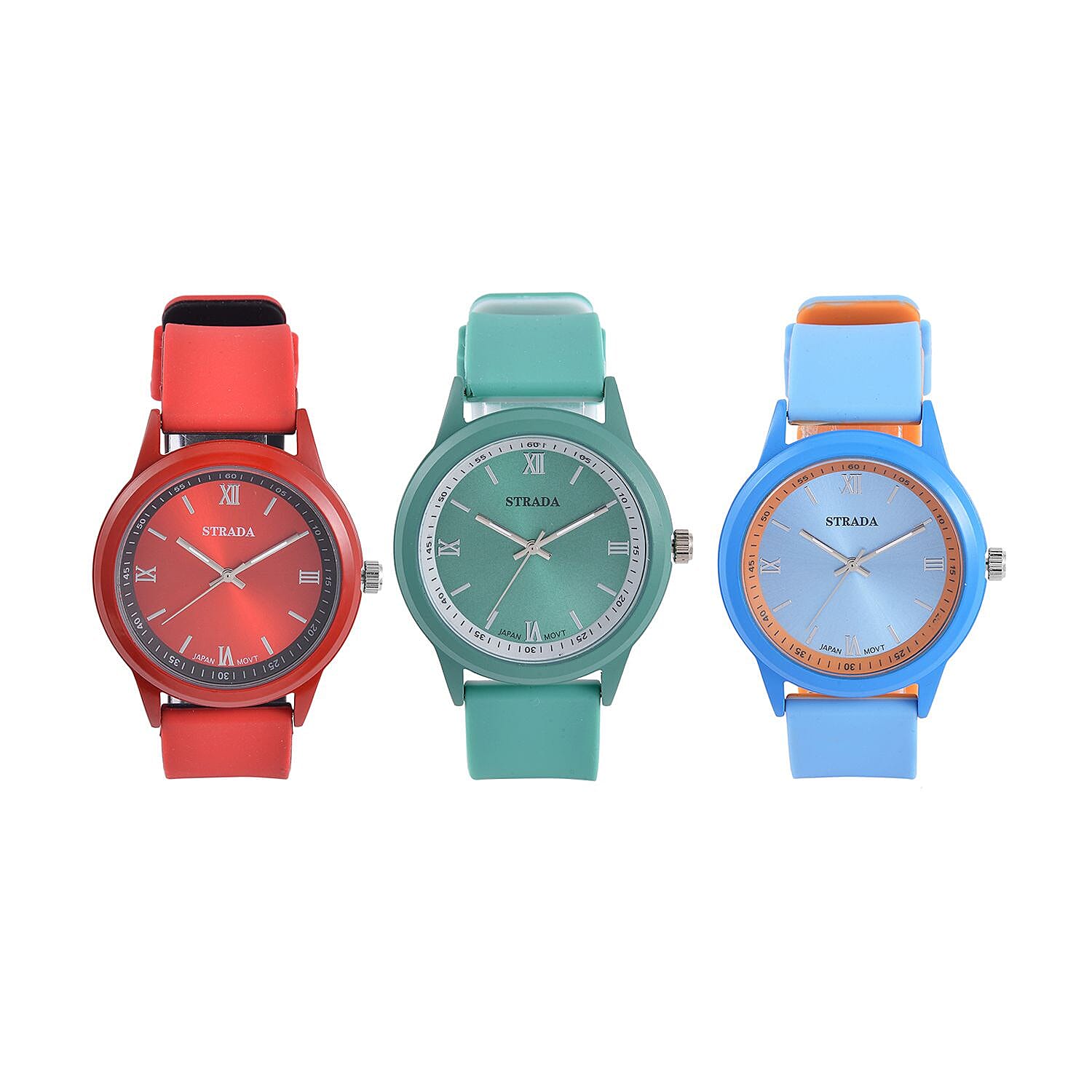 Strada Japanese Movement Set of 3 Watch with Blue, Red and Green Silicone Strap (5.50-6.75Inches) (40mm)