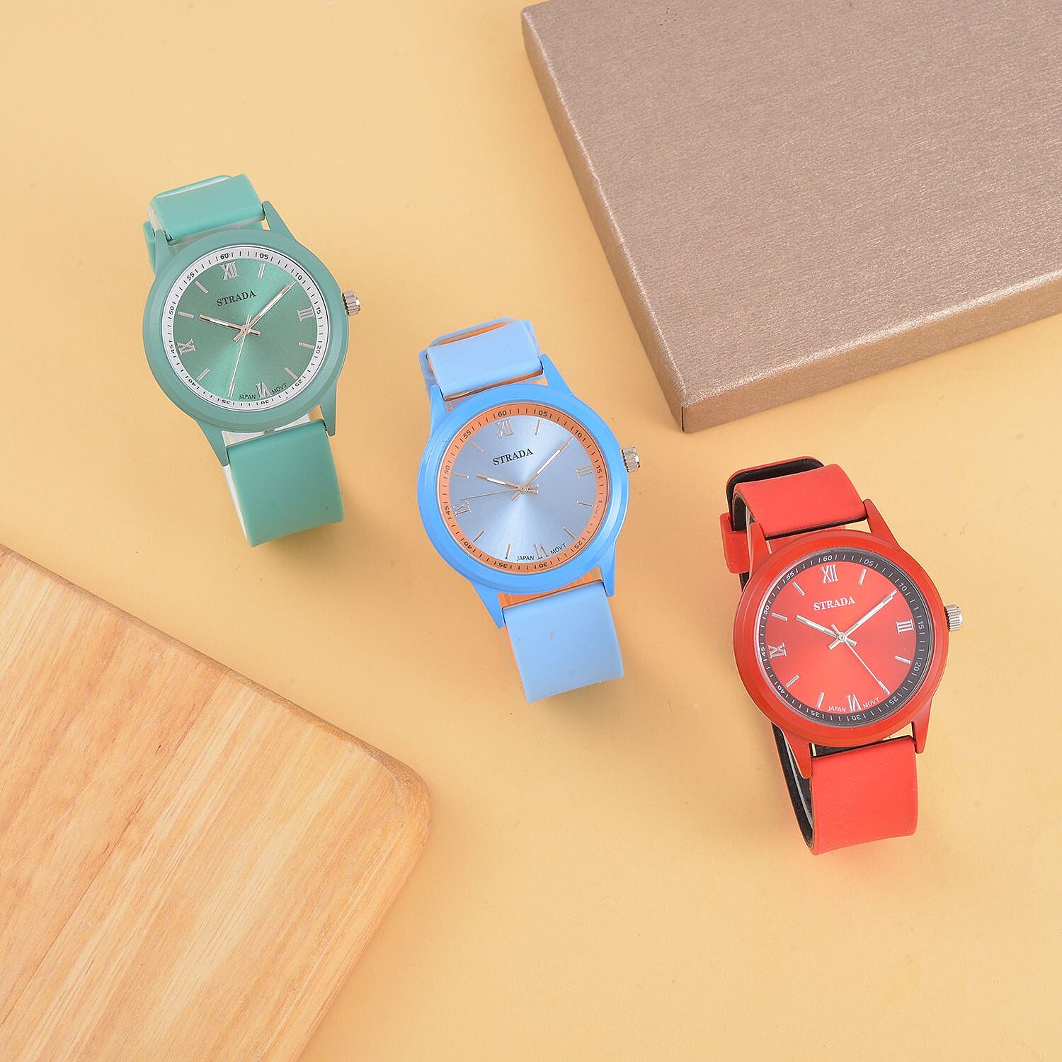 Strada Japanese Movement Set of 3 Watch with Blue, Red and Green Silicone Strap (5.50-6.75Inches) (40mm)