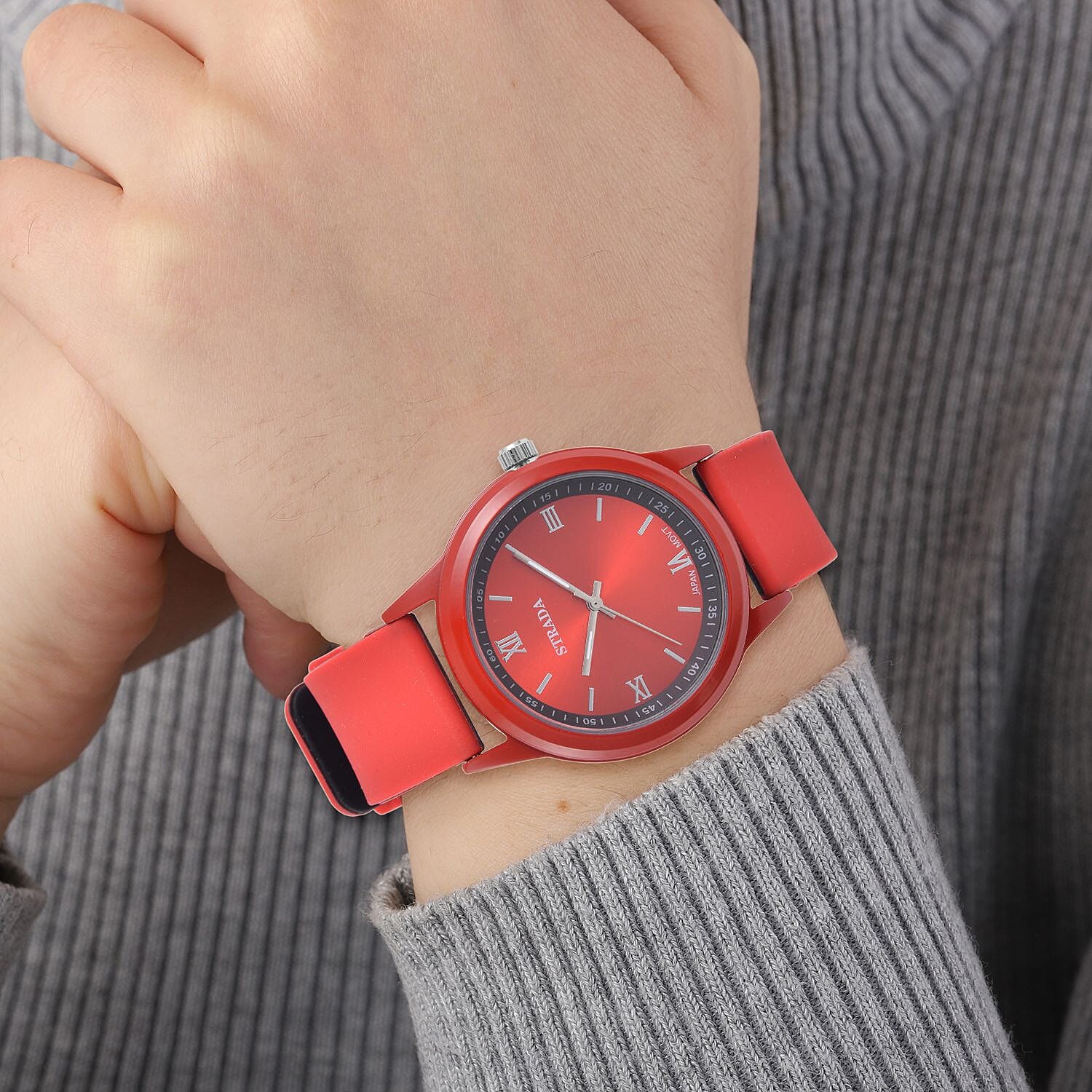 Strada Japanese Movement Set of 3 Watch with Blue, Red and Green Silicone Strap (5.50-6.75Inches) (40mm)