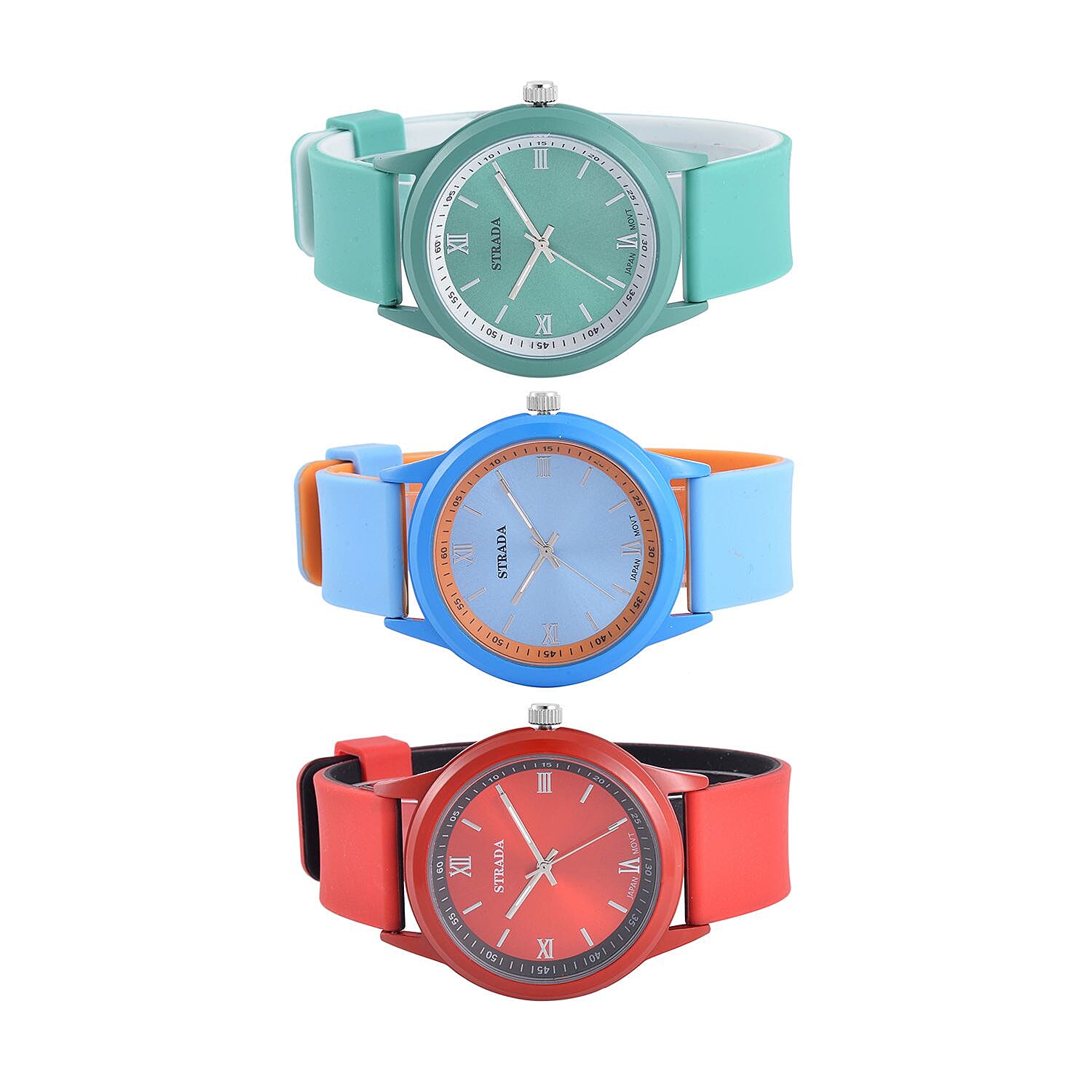 Strada Japanese Movement Set of 3 Watch with Blue, Red and Green Silicone Strap (5.50-6.75Inches) (40mm)