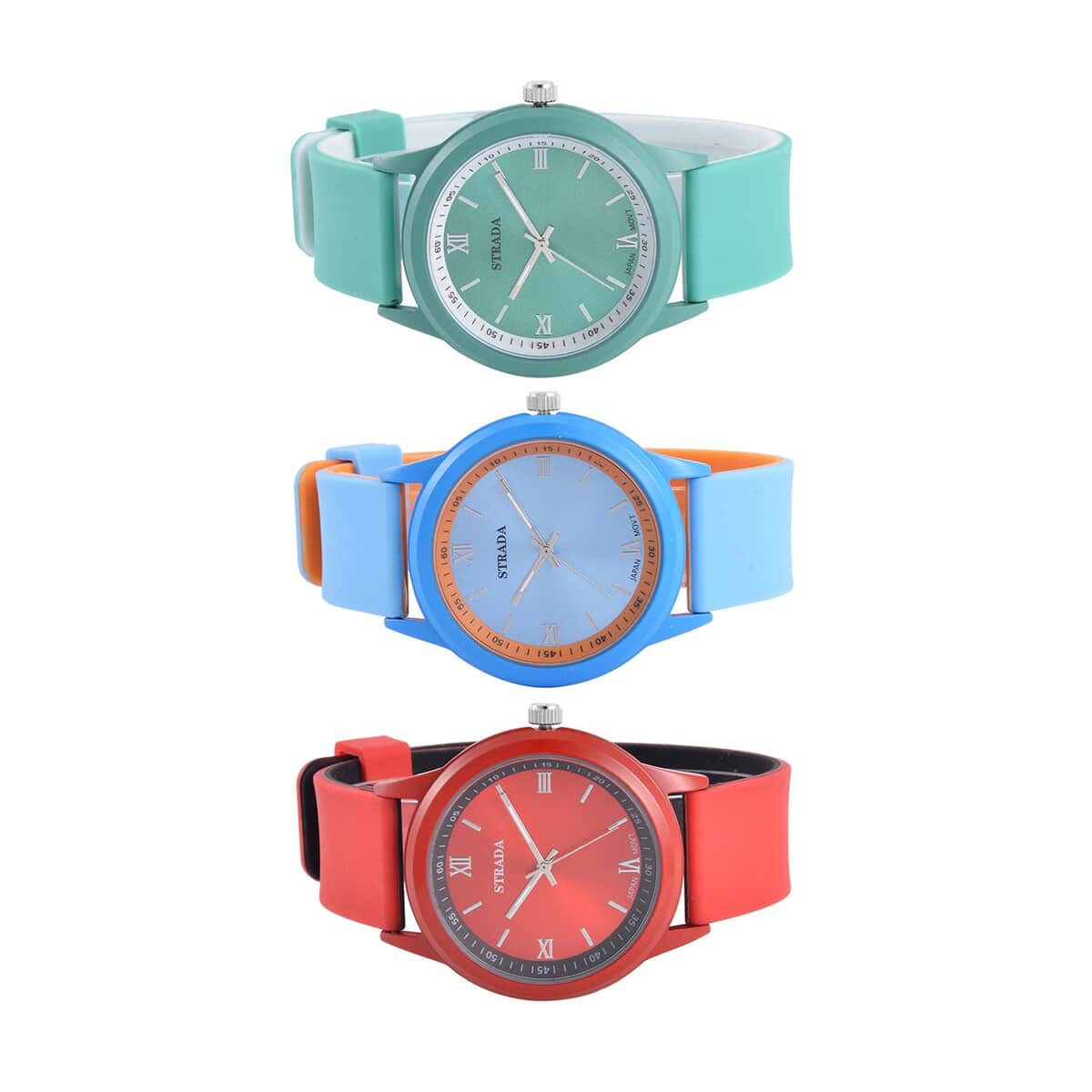 Strada Japanese Movement Set of 3 Watch with Blue, Red and Green Silicone Strap (5.50-6.75Inches) (40mm) image number 4