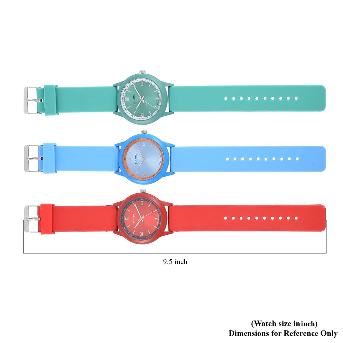 Strada Japanese Movement Set of 3 Watch with Blue, Red and Green Silicone Strap (5.50-6.75Inches) (40mm) image number 6