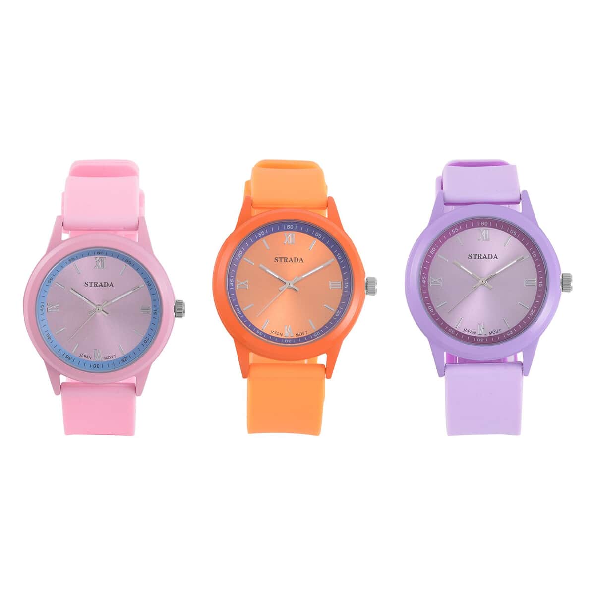 Strada Japanese Movement Set of 3 Watch with Pink, Orange and Purple Silicone Strap (5.50-6.75Inches) (40mm) image number 0