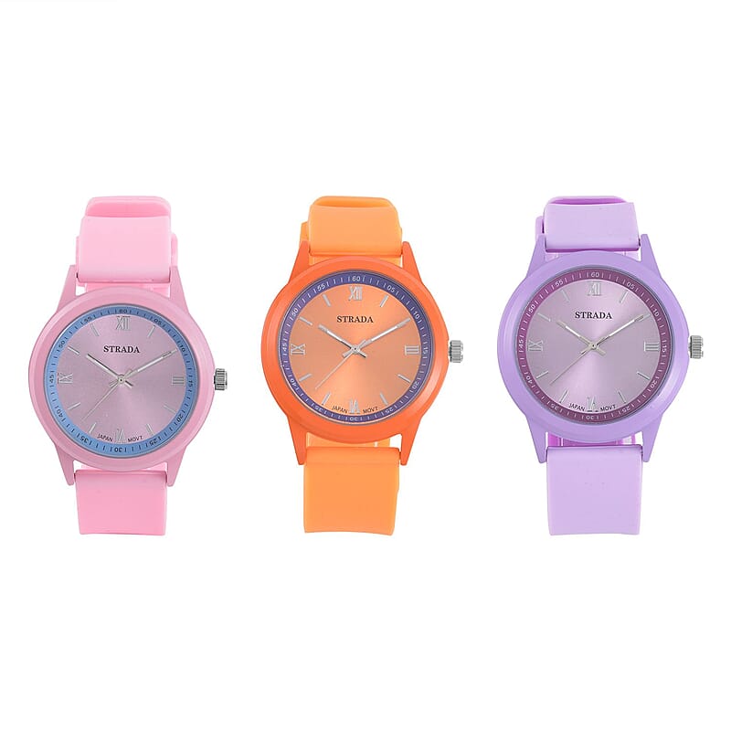 Strada Japanese Movement Set of 3 Watch with Pink, Orange and Purple Silicone Strap (5.50-6.75Inches) (40mm)