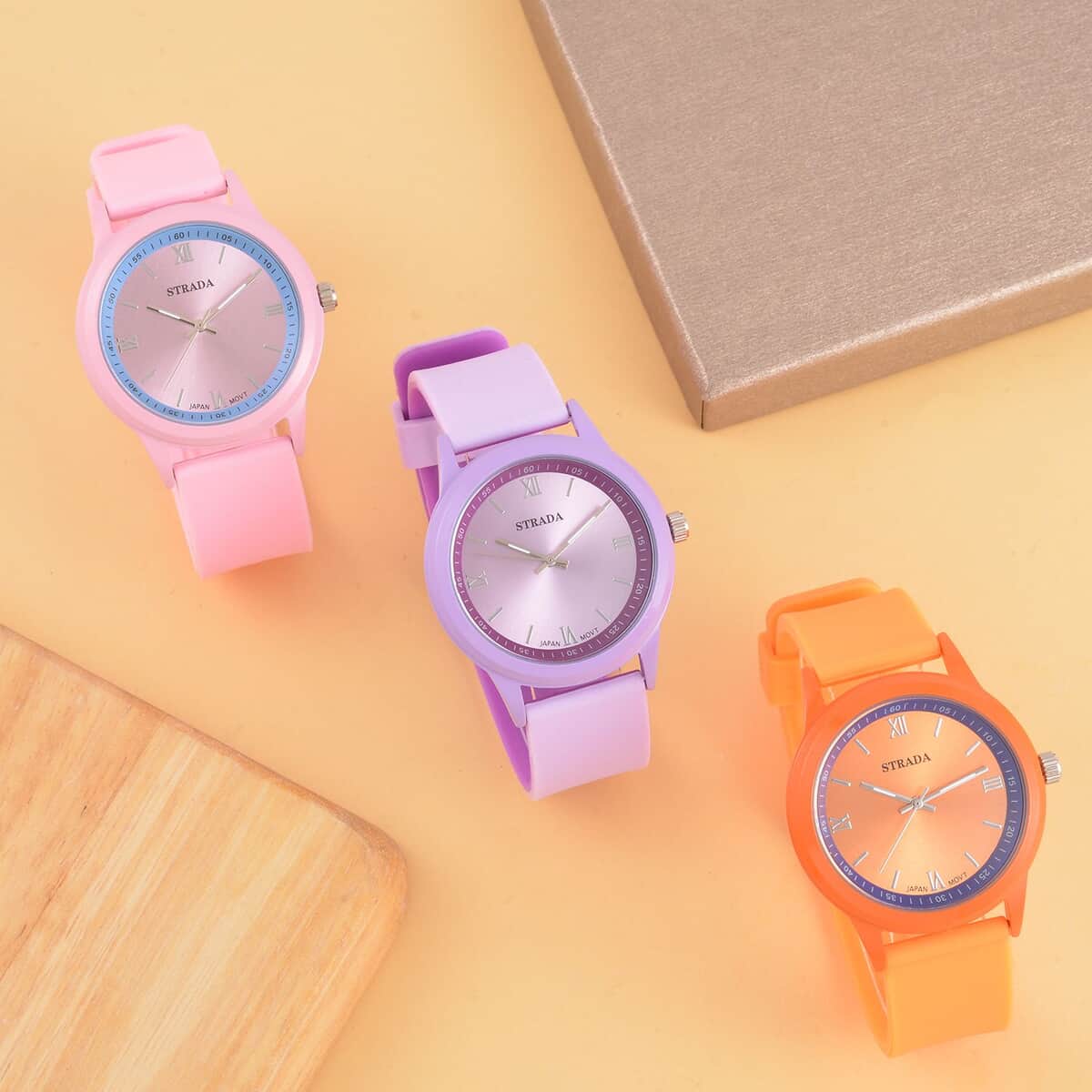 Strada Japanese Movement Set of 3 Watch with Pink, Orange and Purple Silicone Strap (5.50-6.75Inches) (40mm) image number 1