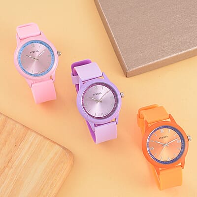 Strada Japanese Movement Set of 3 Watch with Pink, Orange and Purple Silicone Strap (5.50-6.75Inches) (40mm)