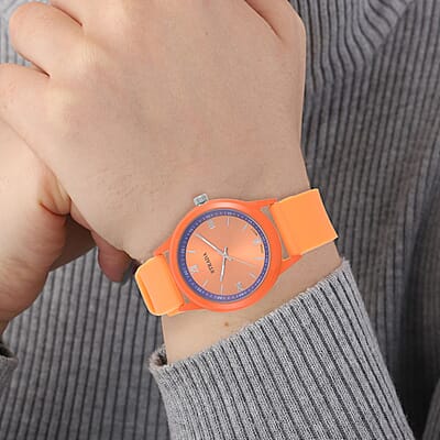 Strada Japanese Movement Set of 3 Watch with Pink, Orange and Purple Silicone Strap (5.50-6.75Inches) (40mm)