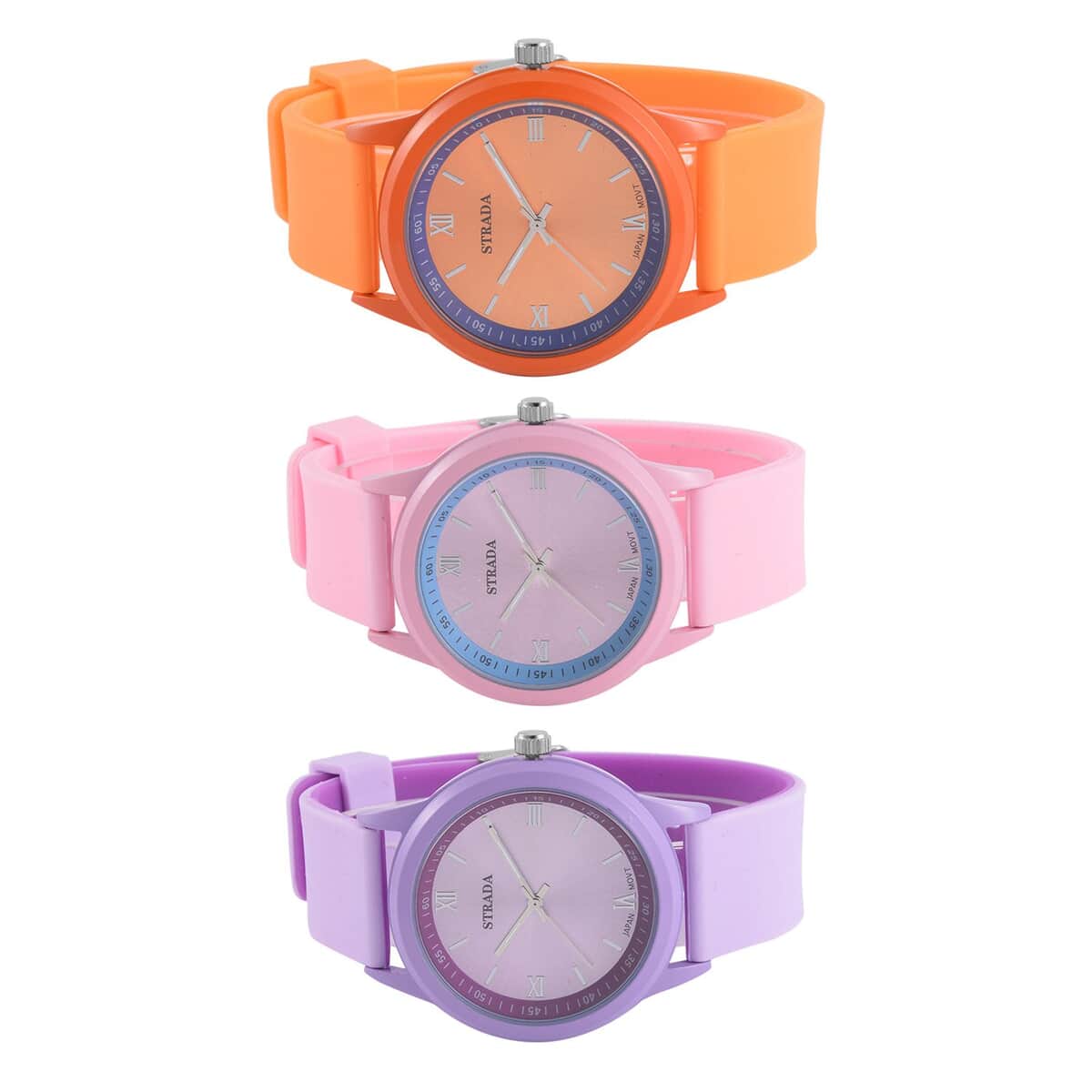 Strada Japanese Movement Set of 3 Watch with Pink, Orange and Purple Silicone Strap (5.50-6.75Inches) (40mm) image number 4