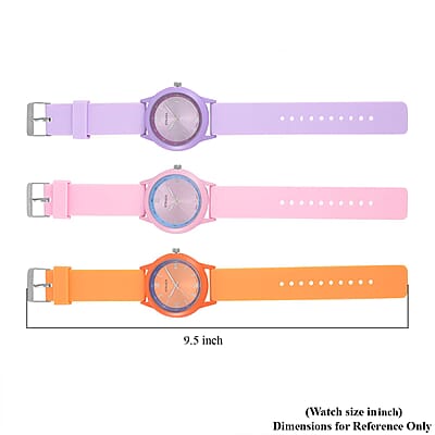 Strada Japanese Movement Set of 3 Watch with Pink, Orange and Purple Silicone Strap (5.50-6.75Inches) (40mm)