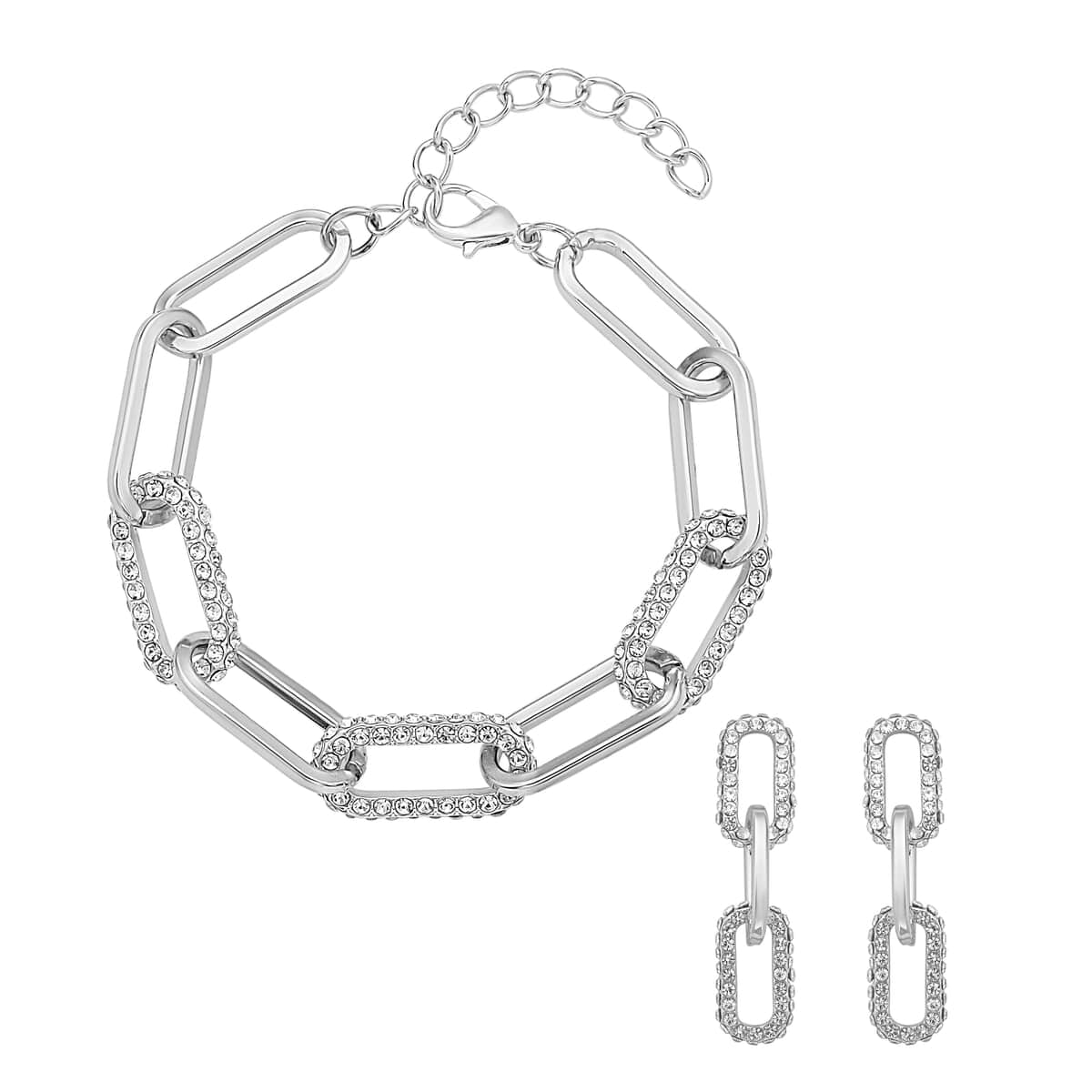 Austrian Crystal Paper Clip Link Bracelet (8.0-9.75In) with Extender and Earrings in Silvertone image number 0