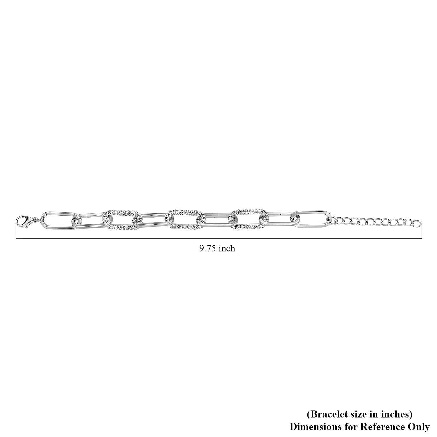 Austrian Crystal Paper Clip Link Bracelet with Extended (8.00 In) and Earrings in Silvertone