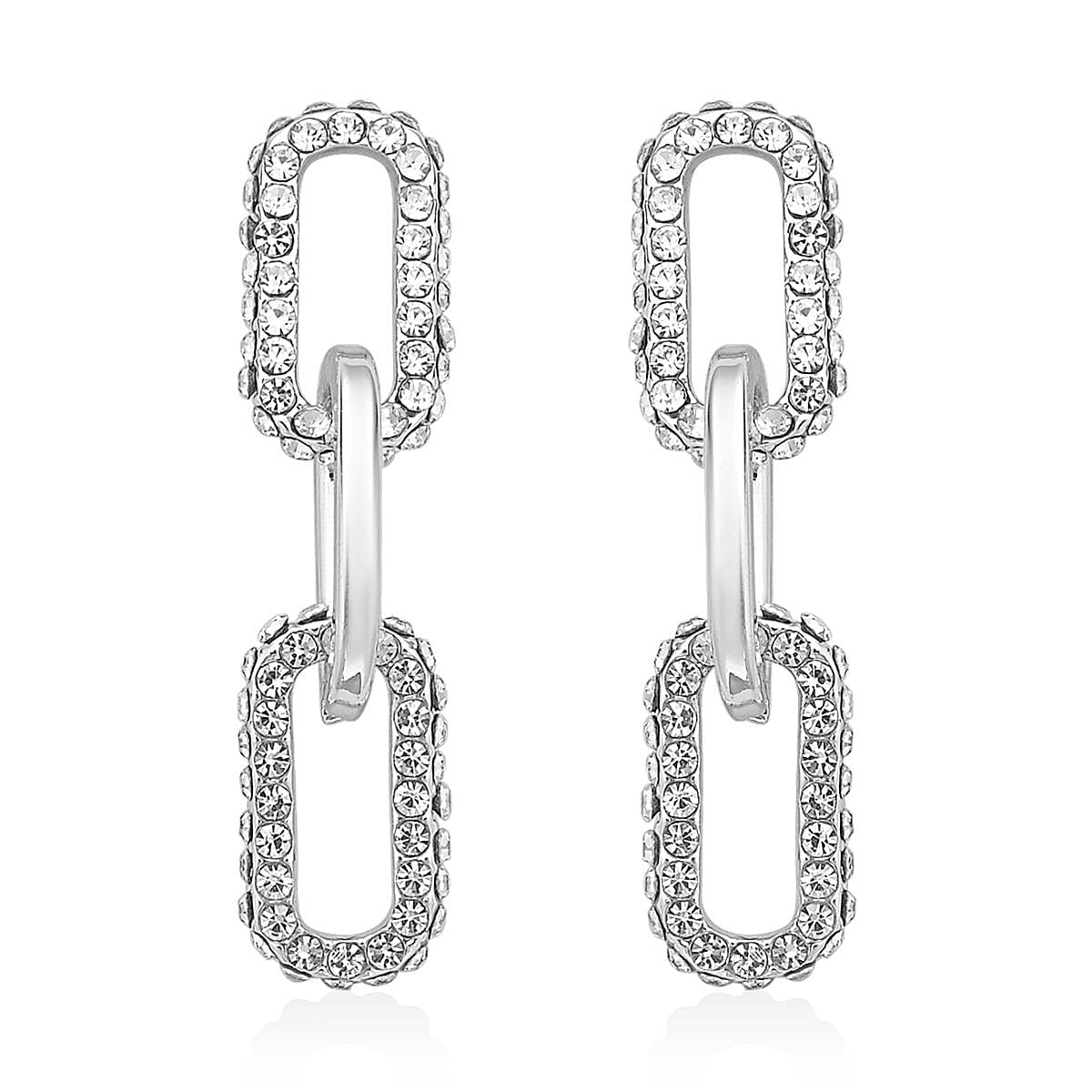 Austrian Crystal Paper Clip Link Bracelet with Extended (8.00 In) and Earrings in Silvertone