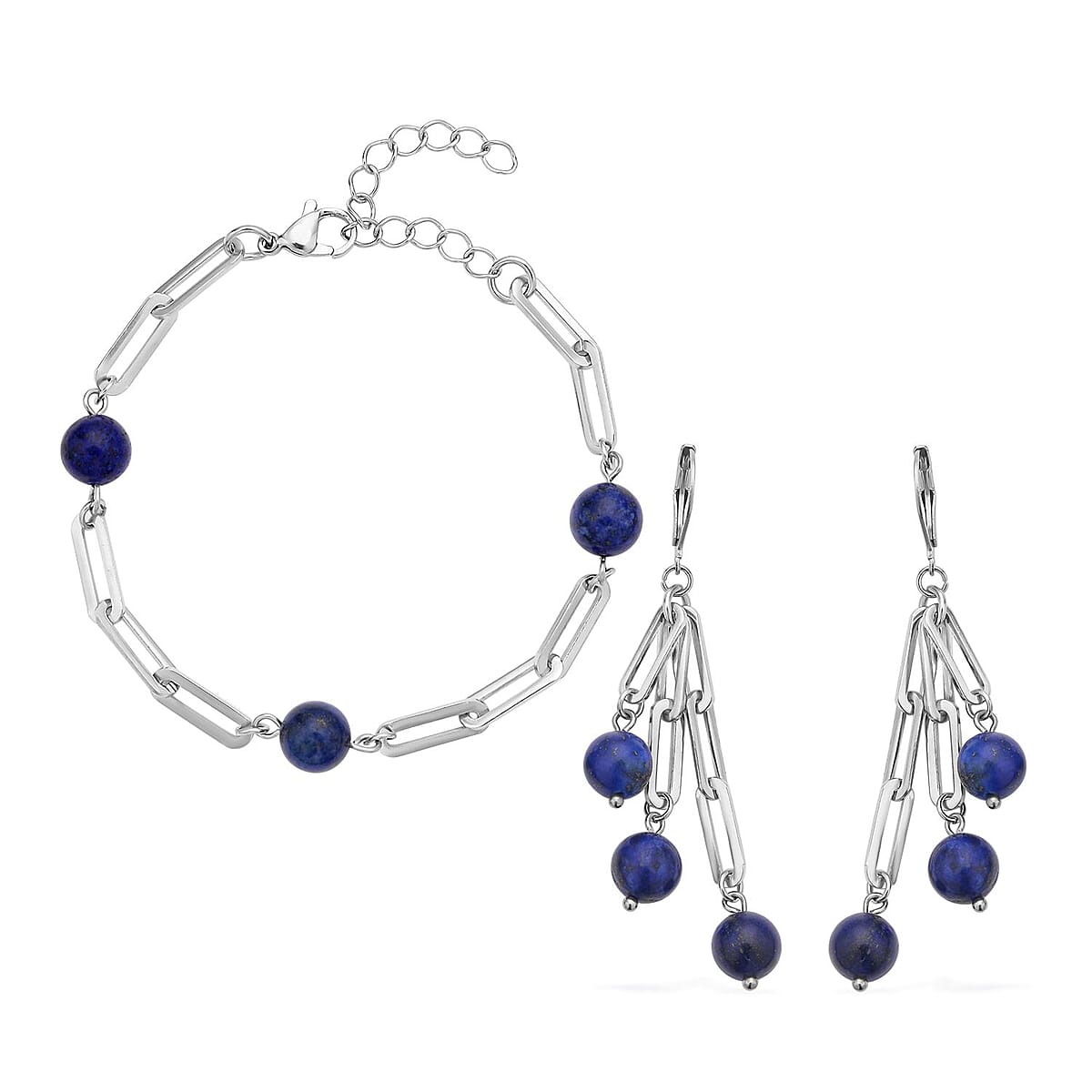 Lapis Lazuli Paper Clip Chain Station Bracelet (7.50-9.0In) and Dangle Earrings in Stainless Steel 36.00 ctw image number 0