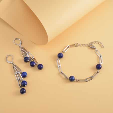 Lapis Lazuli Paper Clip Chain Station Bracelet (7.50-9.0In) and Dangle Earrings in Stainless Steel 36.00 ctw image number 1