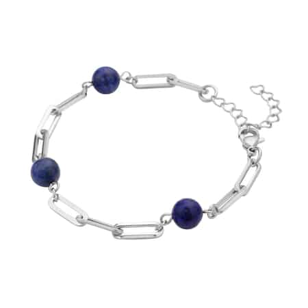 Lapis Lazuli Paper Clip Chain Station Bracelet (7.50-9.0In) and Dangle Earrings in Stainless Steel 36.00 ctw image number 2
