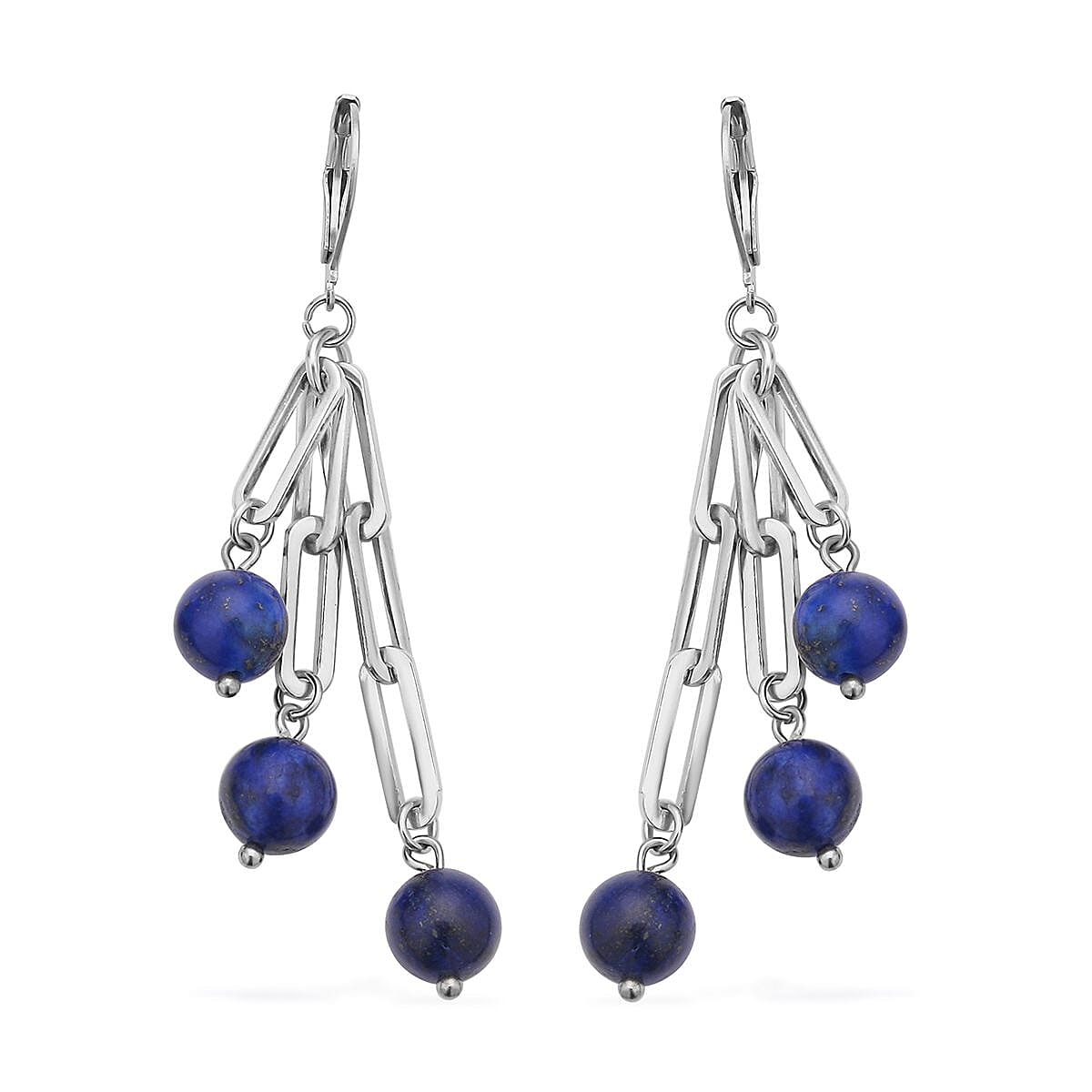 Lapis Lazuli Paper Clip Chain Station Bracelet (7.50-9.0In) and Dangle Earrings in Stainless Steel 36.00 ctw
