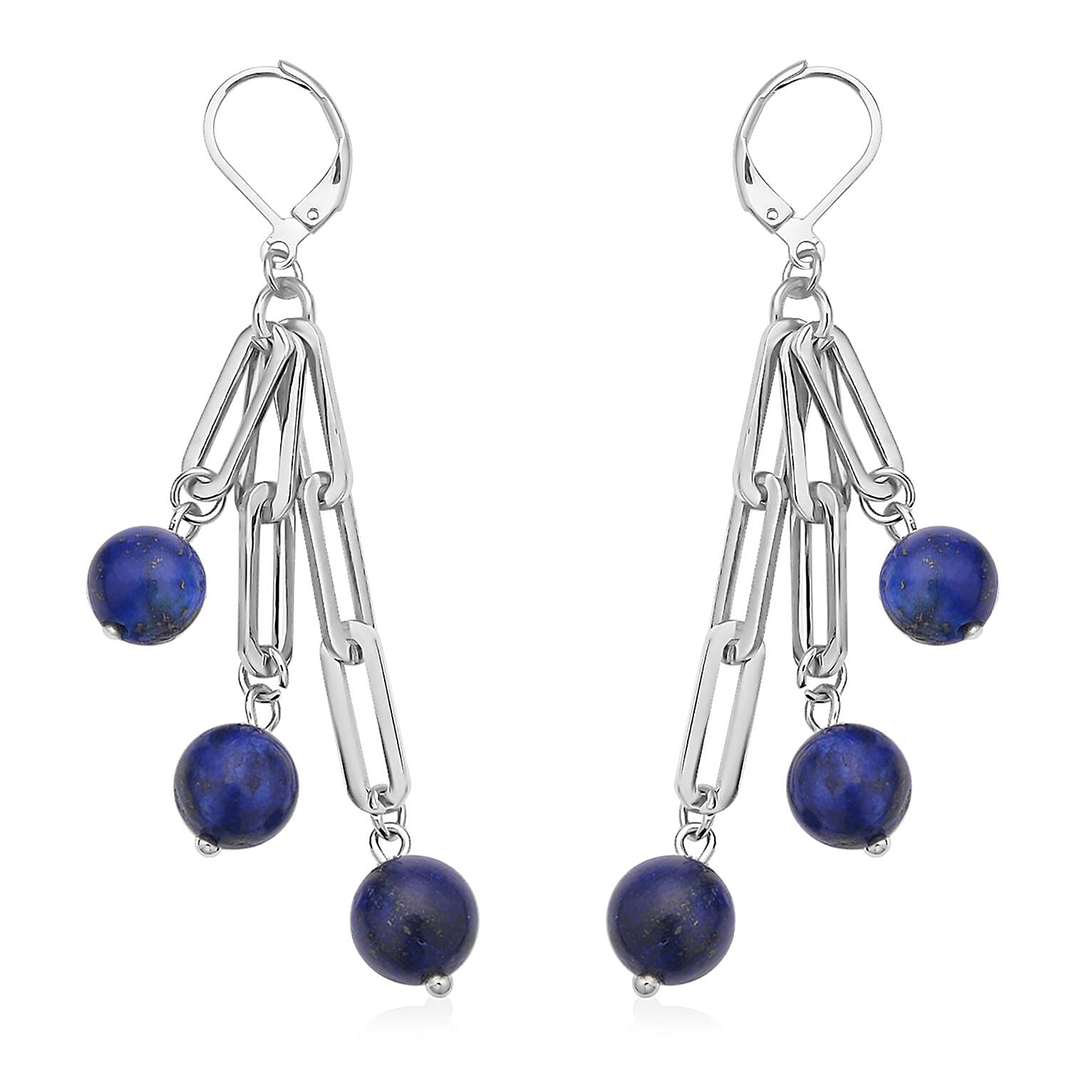 Lapis Lazuli Paper Clip Chain Station Bracelet (7.50-9.0In) and Dangle Earrings in Stainless Steel 36.00 ctw