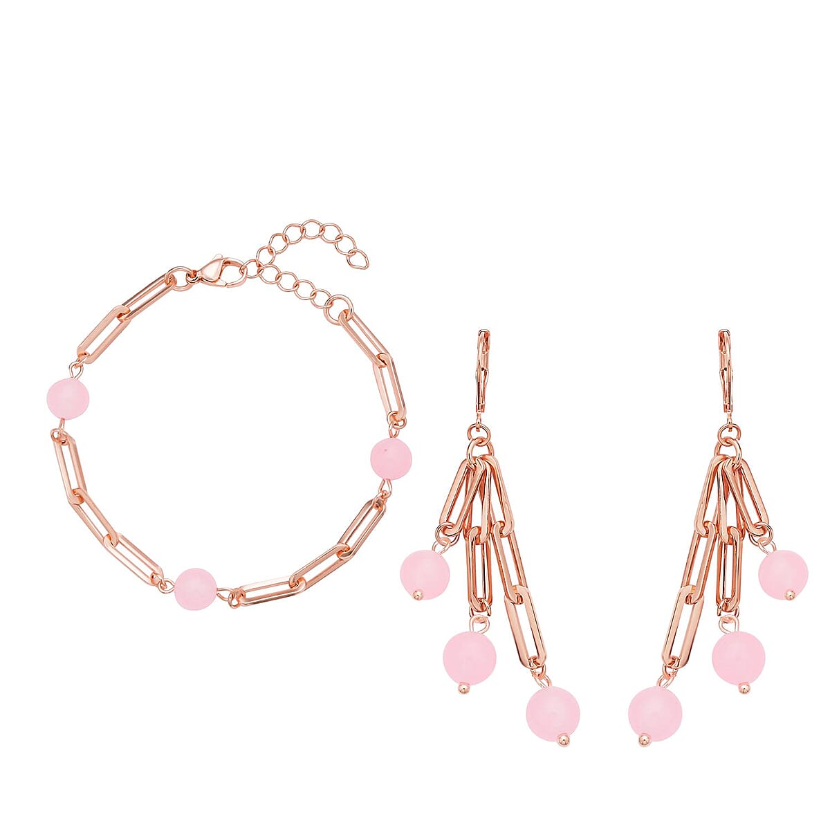 Galilea Rose Quartz Paper Clip Chain Station Bracelet (7.50-9.0In) and Dangle Earrings in ION Plated RG Stainless Steel 36.00 ctw image number 0