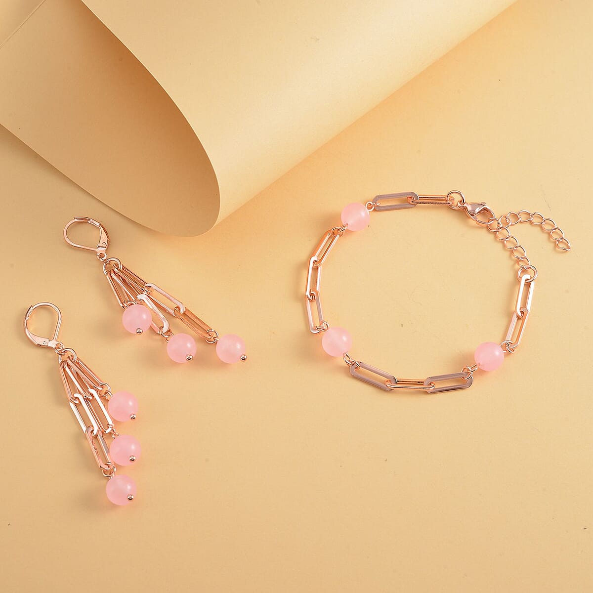 Galilea Rose Quartz Paper Clip Chain Station Bracelet (7.50-9.0In) and Dangle Earrings in ION Plated RG Stainless Steel 36.00 ctw image number 1