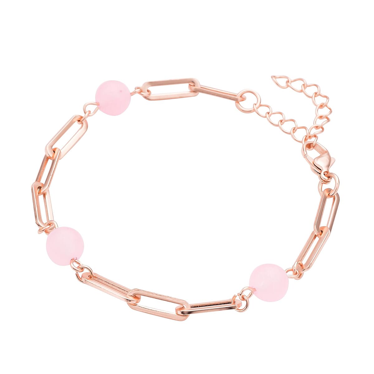 Galilea Rose Quartz Paper Clip Chain Station Bracelet (7.50-9.0In) and Dangle Earrings in ION Plated RG Stainless Steel 36.00 ctw image number 2
