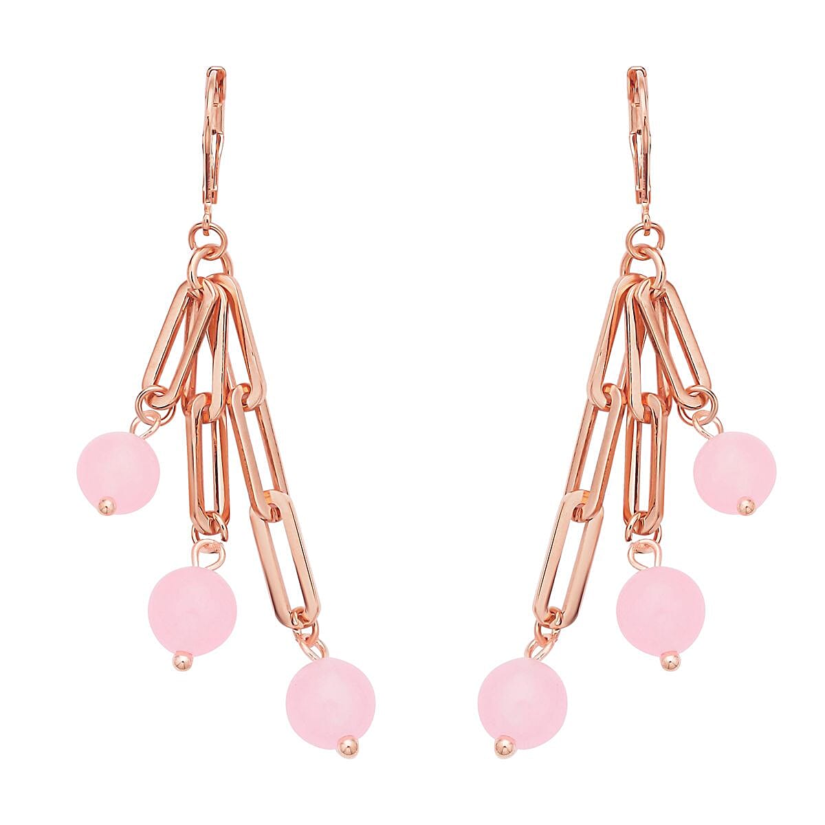 Galilea Rose Quartz Paper Clip Chain Station Bracelet (7.50-9.0In) and Dangle Earrings in ION Plated RG Stainless Steel 36.00 ctw image number 5