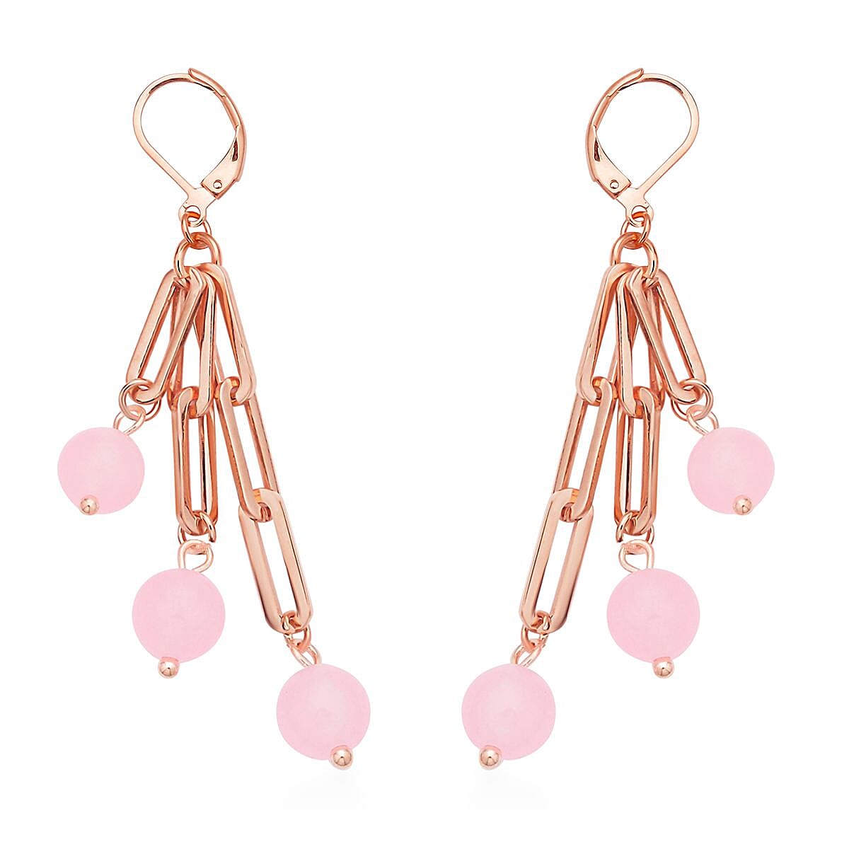 Galilea Rose Quartz Paper Clip Chain Station Bracelet (7.50-9.0In) and Dangle Earrings in ION Plated RG Stainless Steel 36.00 ctw image number 6