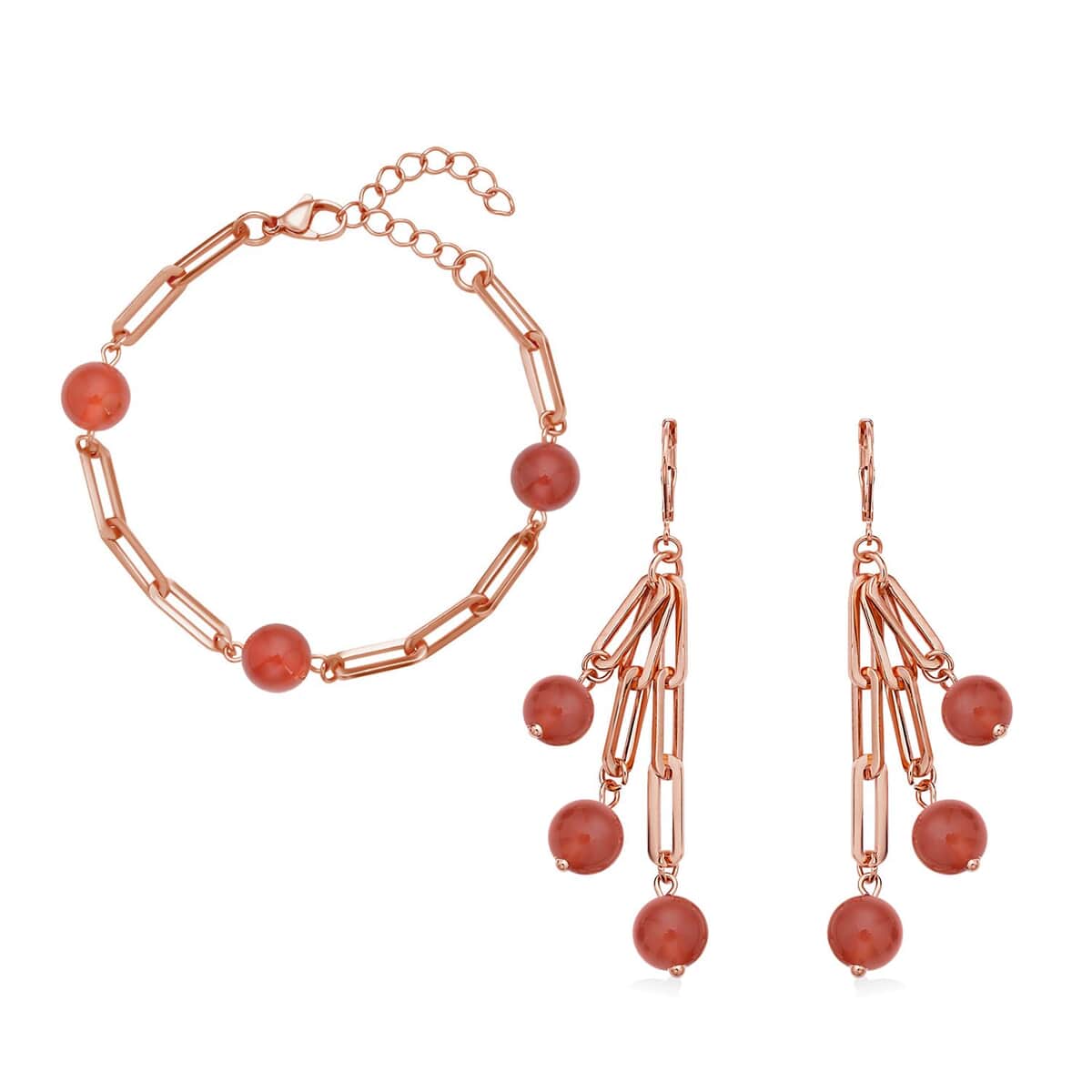 Red Agate (D) Paper Clip Chain Station Bracelet (7.50-9.0In) and Dangle Earrings in ION Plated RG Stainless Steel 36.00 ctw , Tarnish-Free, Waterproof, Sweat Proof Jewelry image number 0