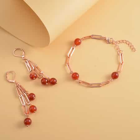 Red Agate (D) Paper Clip Chain Station Bracelet (7.50-9.0In) and Dangle Earrings in ION Plated RG Stainless Steel 36.00 ctw , Tarnish-Free, Waterproof, Sweat Proof Jewelry image number 1